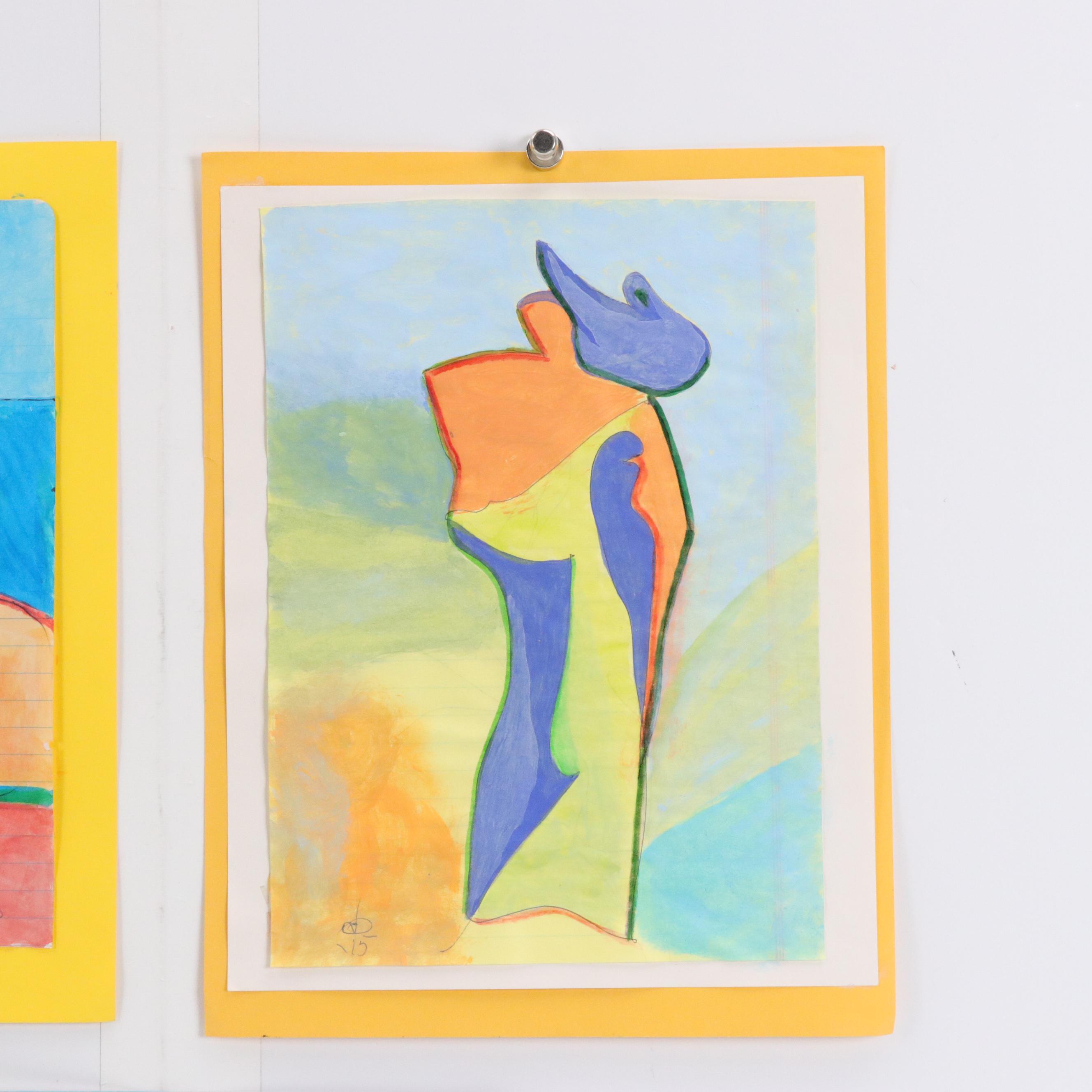 Set of Don Vogl Figural Ink and Watercolor Paintings, Late 20th / 21st Century