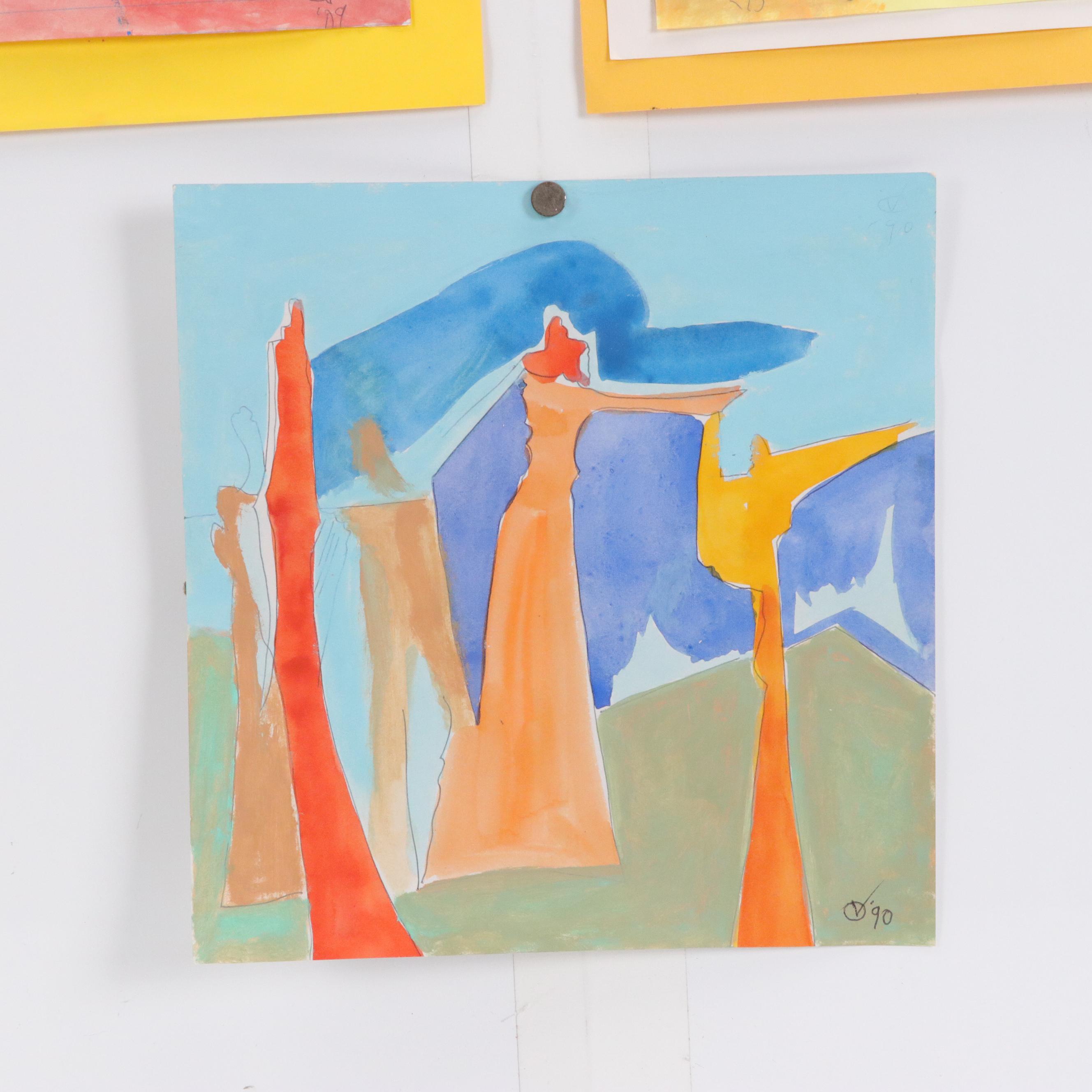 Set of Don Vogl Figural Ink and Watercolor Paintings, Late 20th / 21st Century