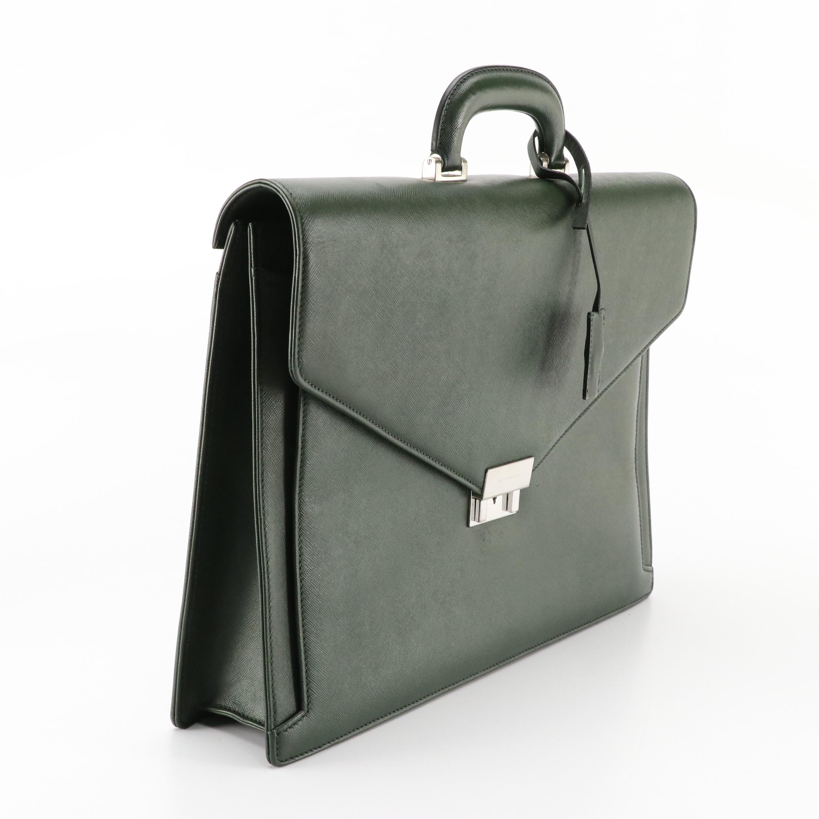 Burberry Top Handle Briefcase Bag in Dark Green Saffiano Leather