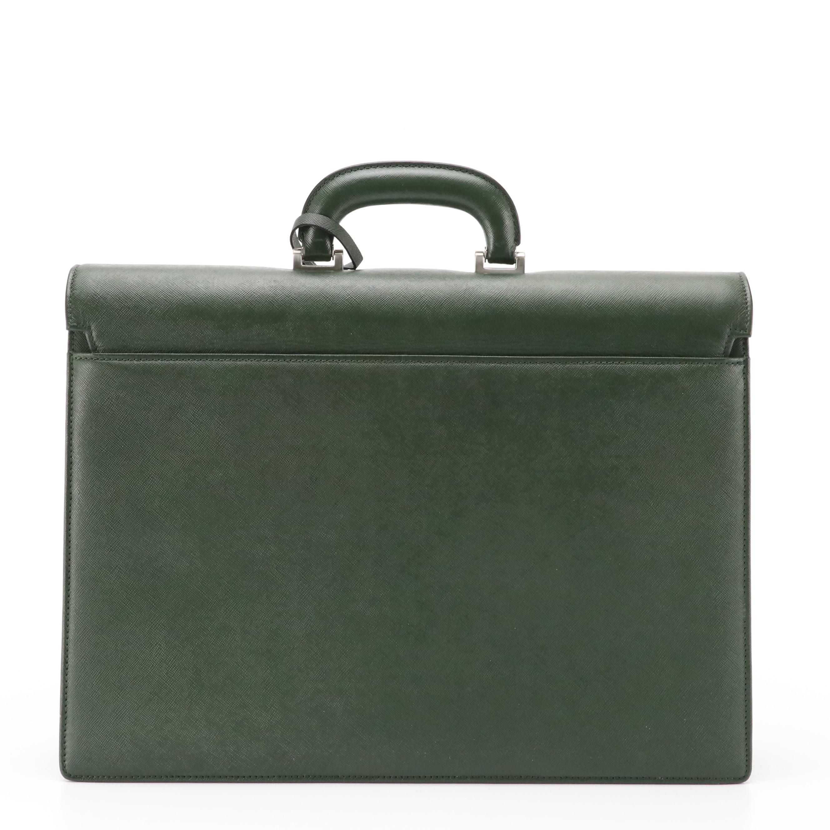 Burberry Top Handle Briefcase Bag in Dark Green Saffiano Leather
