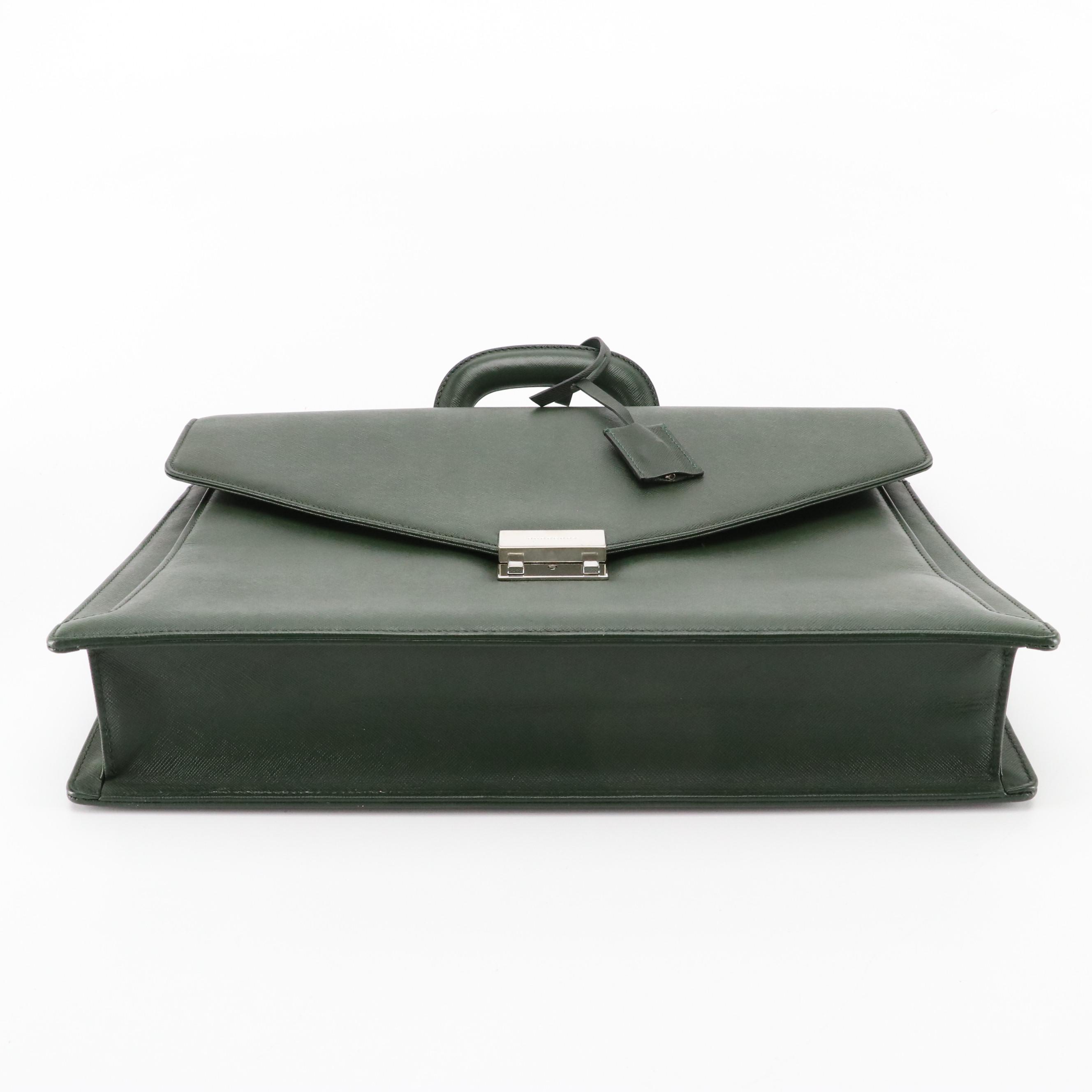 Burberry Top Handle Briefcase Bag in Dark Green Saffiano Leather