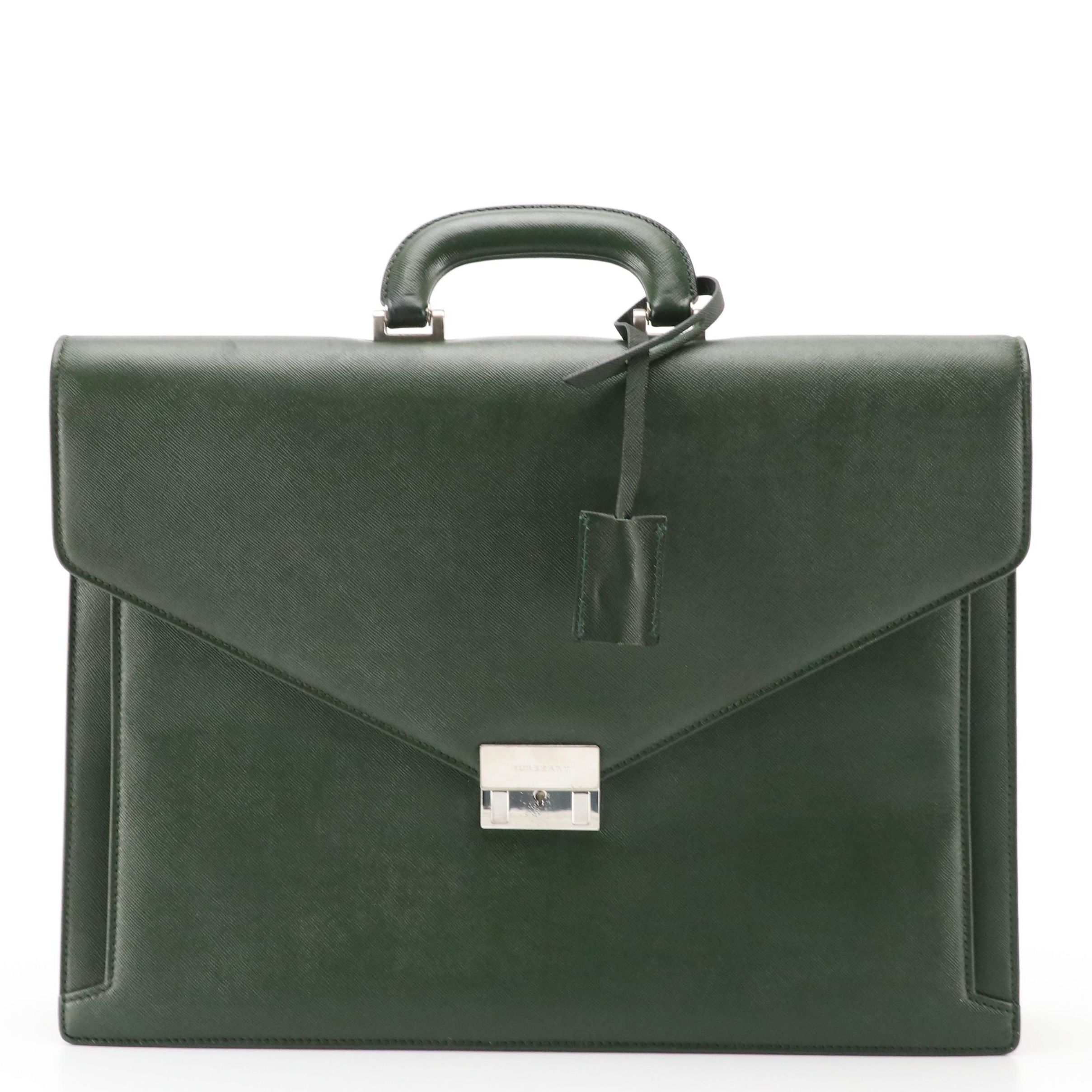 Burberry Top Handle Briefcase Bag in Dark Green Saffiano Leather