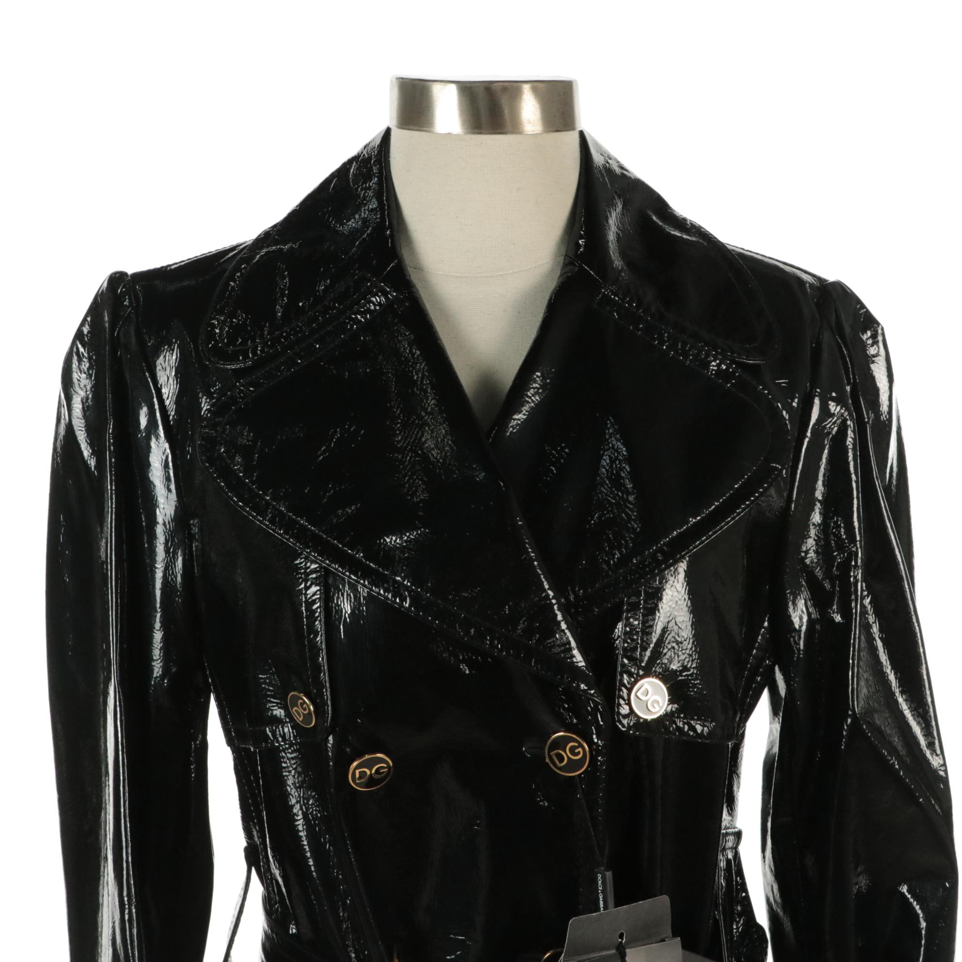 Dolce & Gabbana Black Vinyl Double-Breasted Trench Coat, With Tags