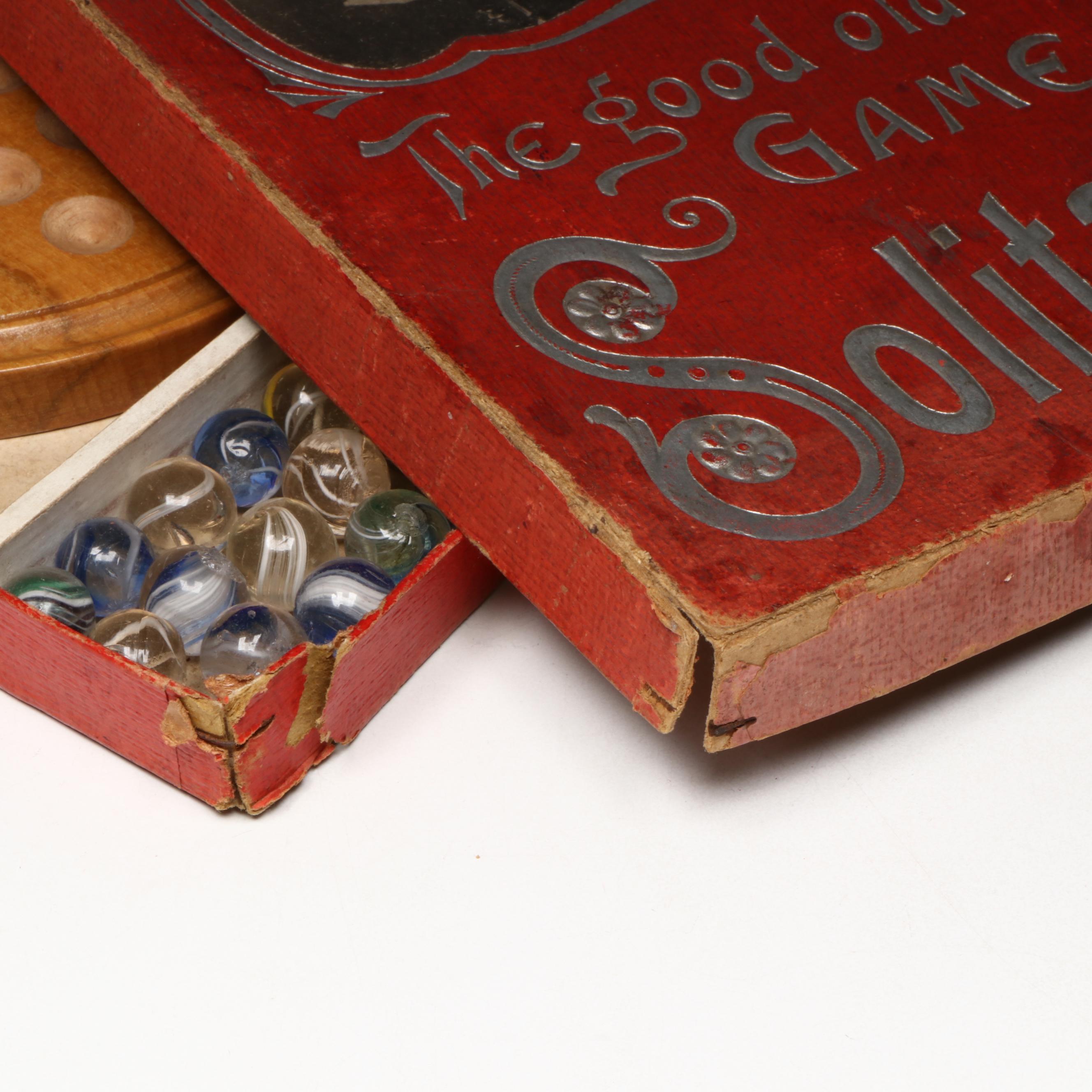 J. W. Spear & Sons Solitaire Game in Box with Handmade German Glass Marbles