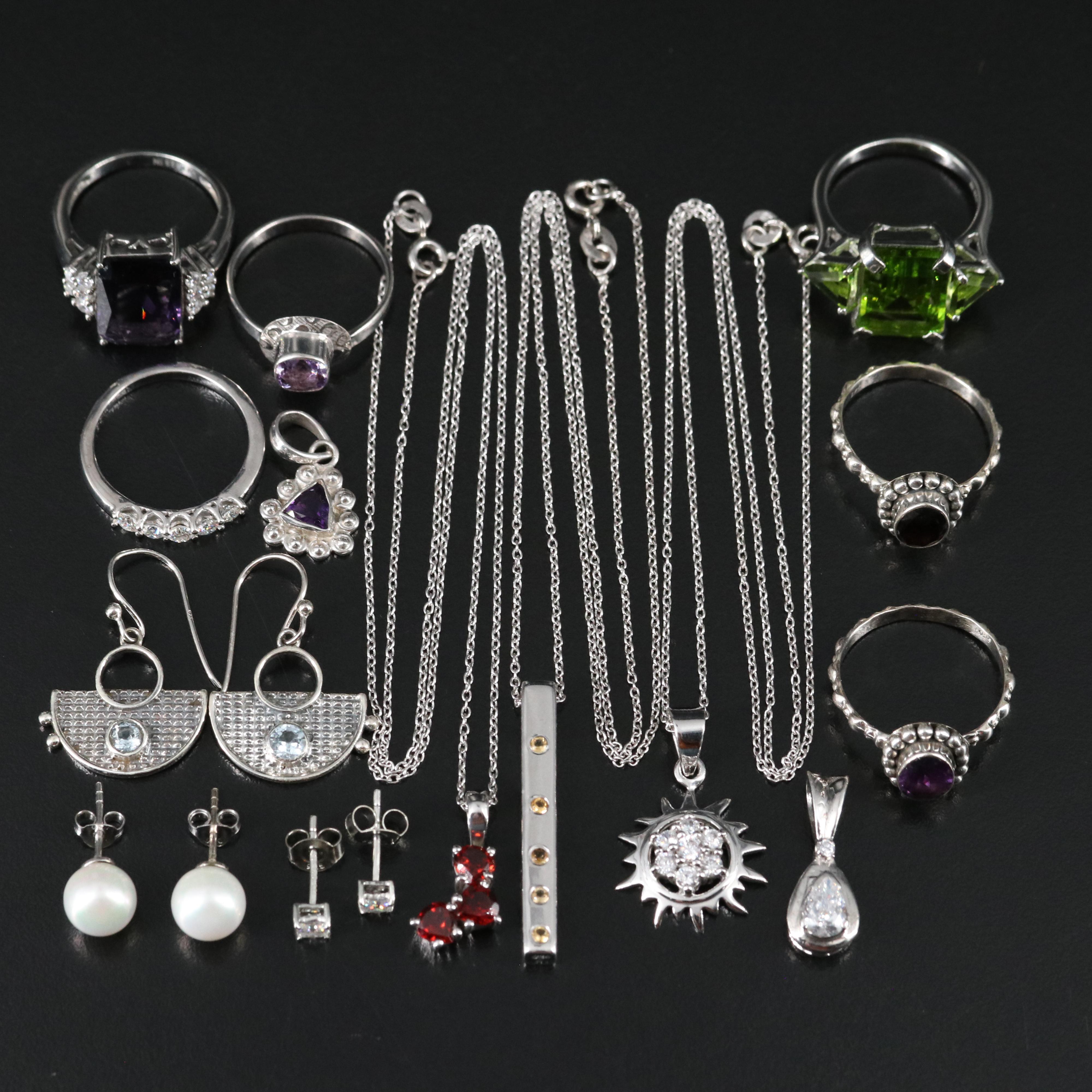 14 Assorted Sterling Silver Rings, Necklaces, Earrings, and Pendants
