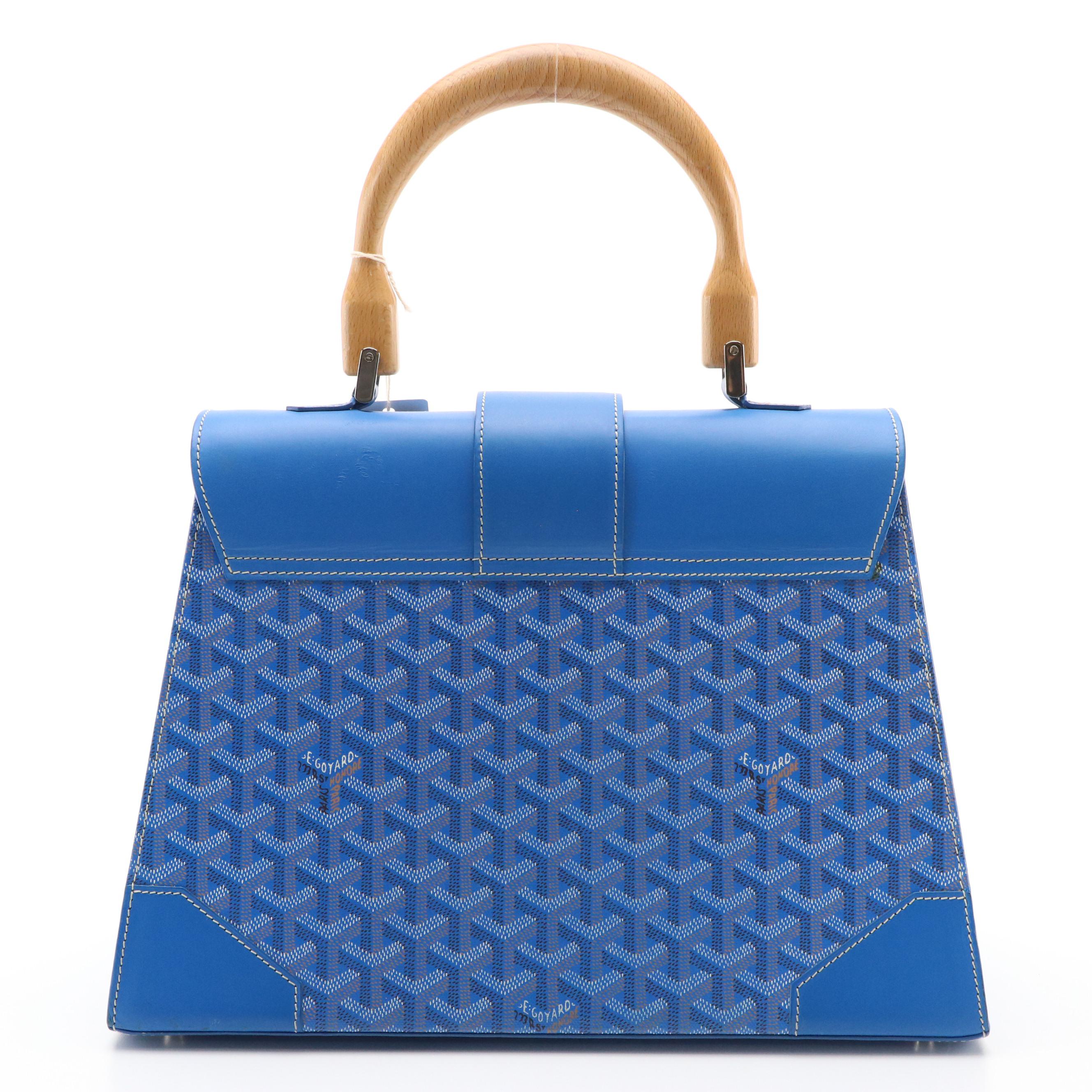 Goyard Saigon MM Bag in Sky Blue Goyardine Canvas/Leather with Wood Trim