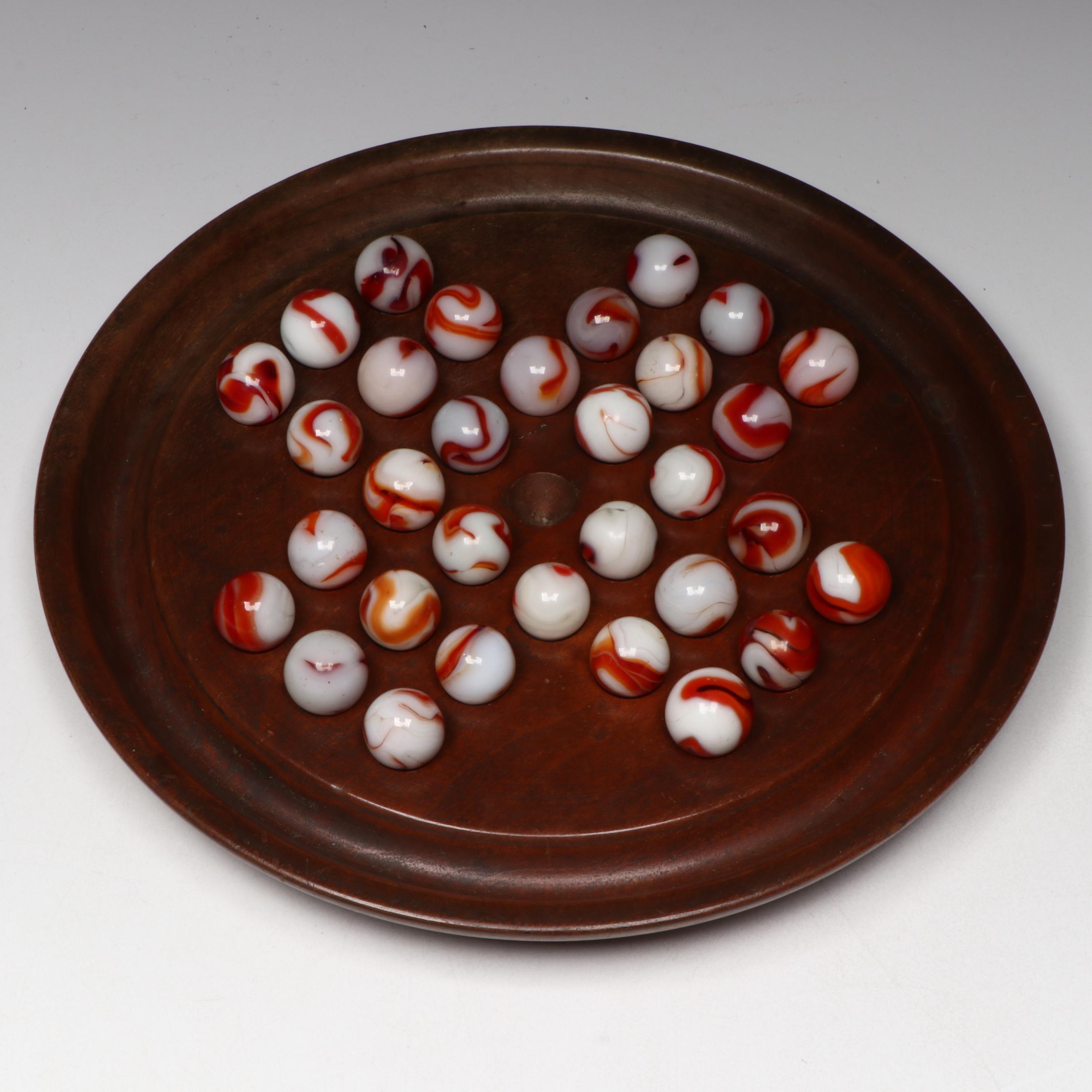 Alley Agate Calligraphy Swirl Glass Marbles with Wooden Solitaire Game Board