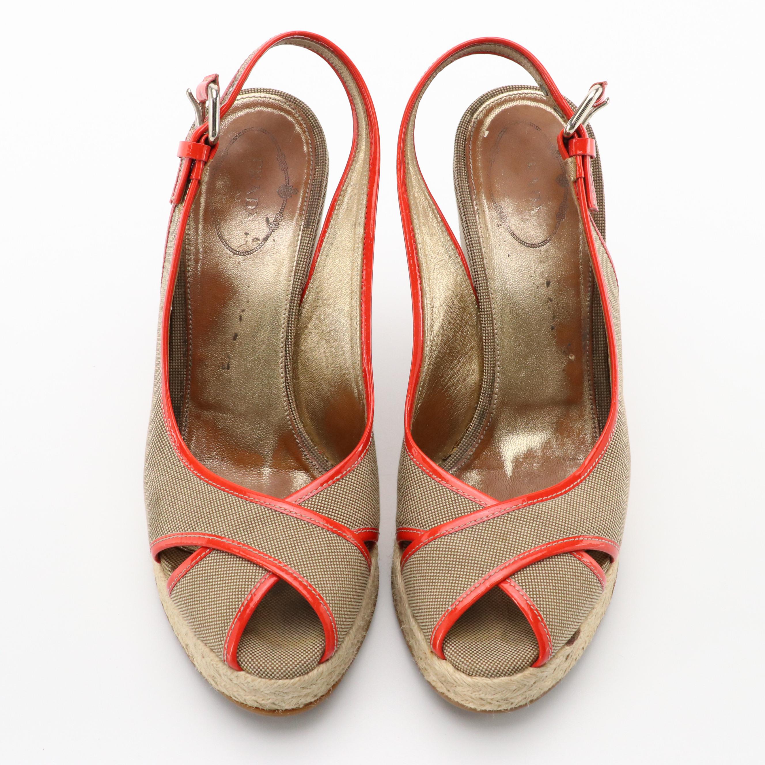 Prada Beige Canapa Logo Criss-Cross Wedges with Bright Red Patent Leather Trim