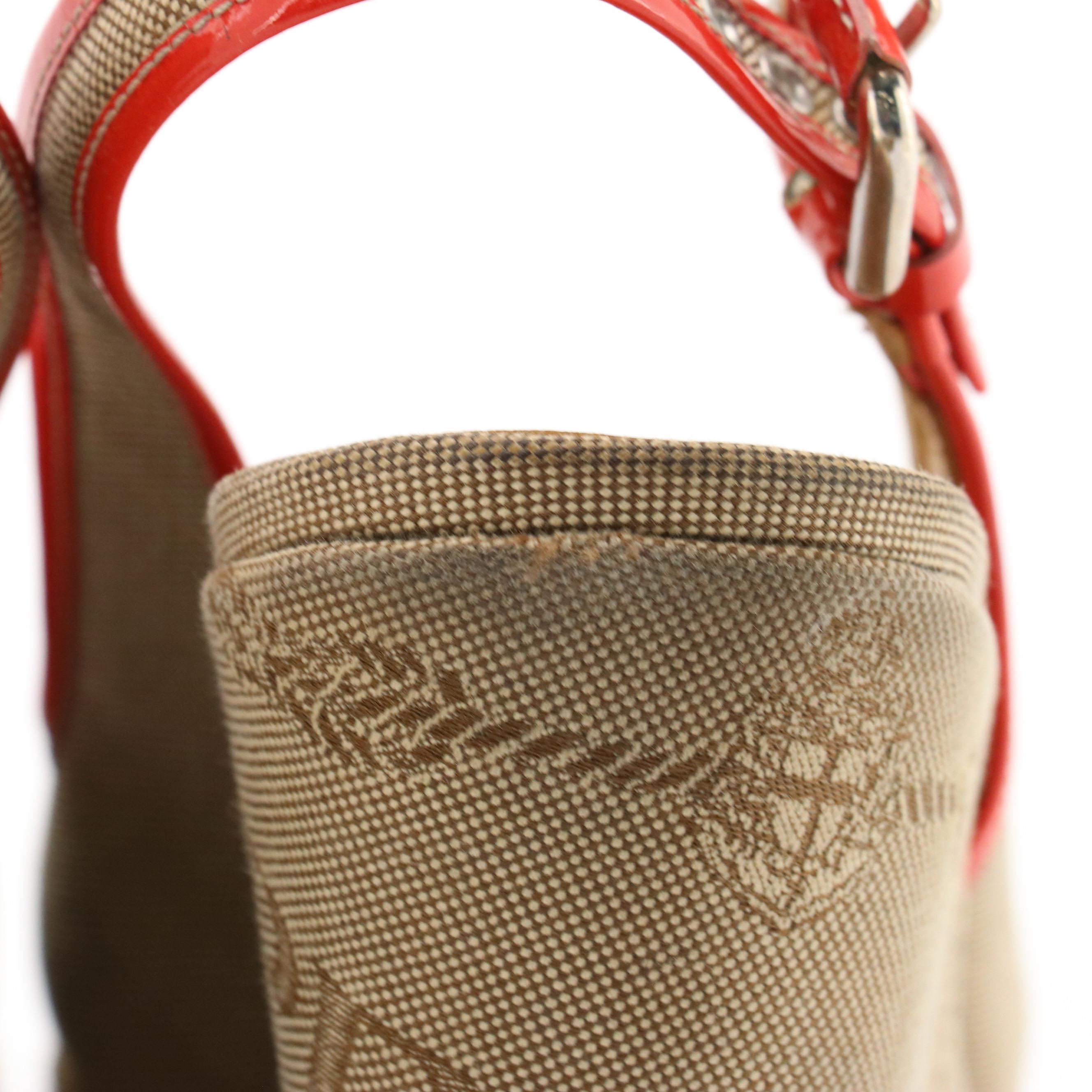 Prada Beige Canapa Logo Criss-Cross Wedges with Bright Red Patent Leather Trim