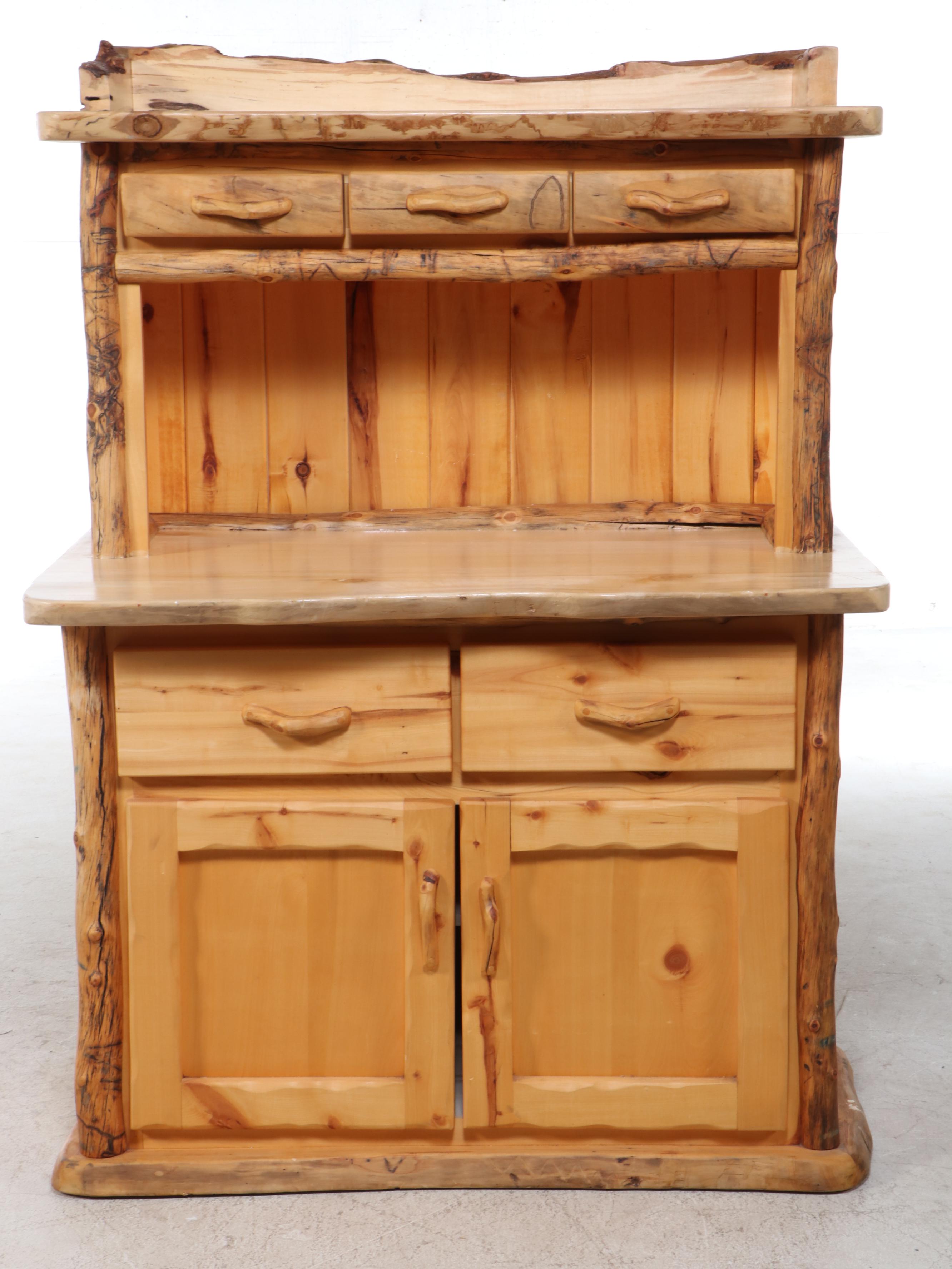 Rustic Live-Edge Pine and Log Kitchen Hutch