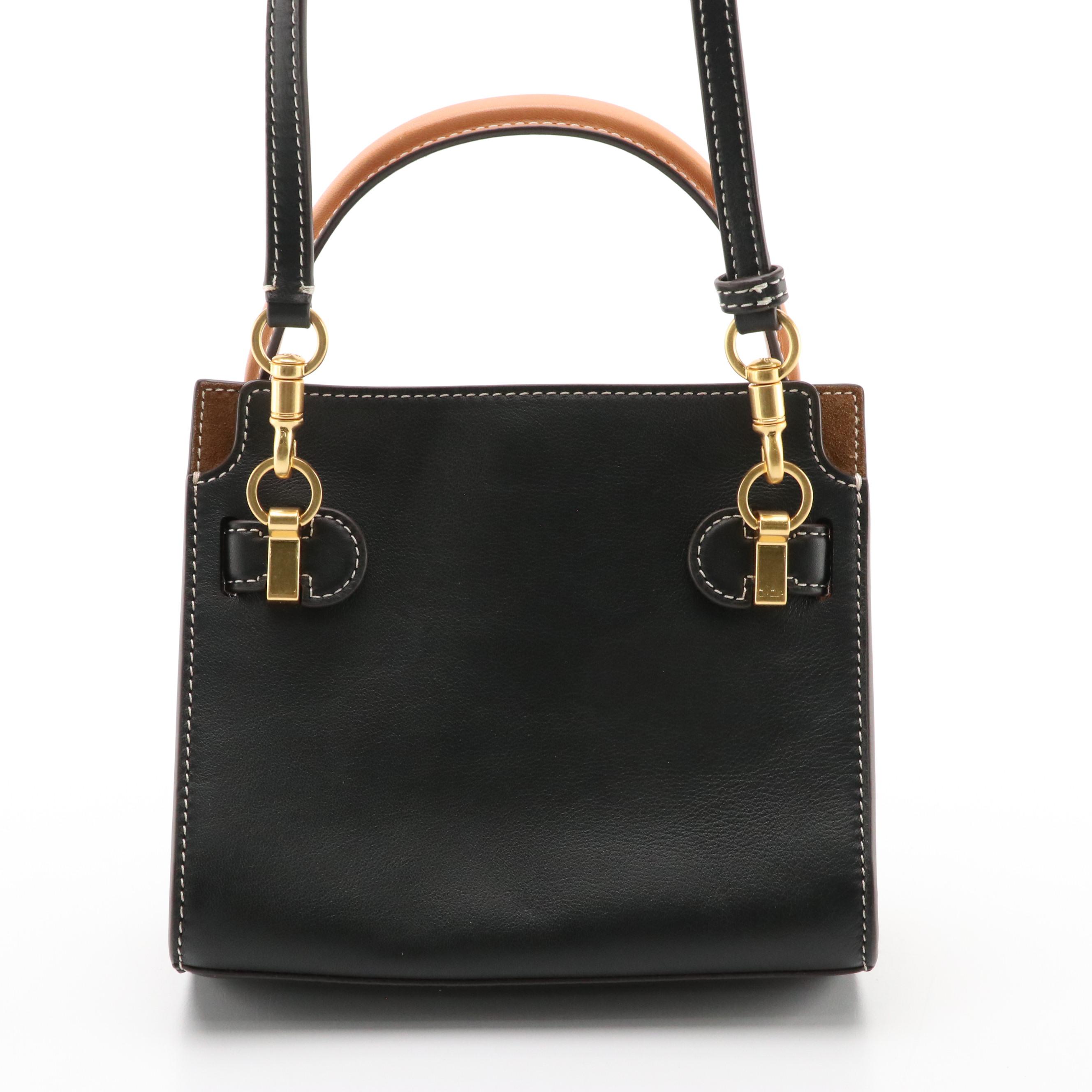 Tory Burch Petite Double Lee Radziwill Two-Way Bag in Black Leather & Suede