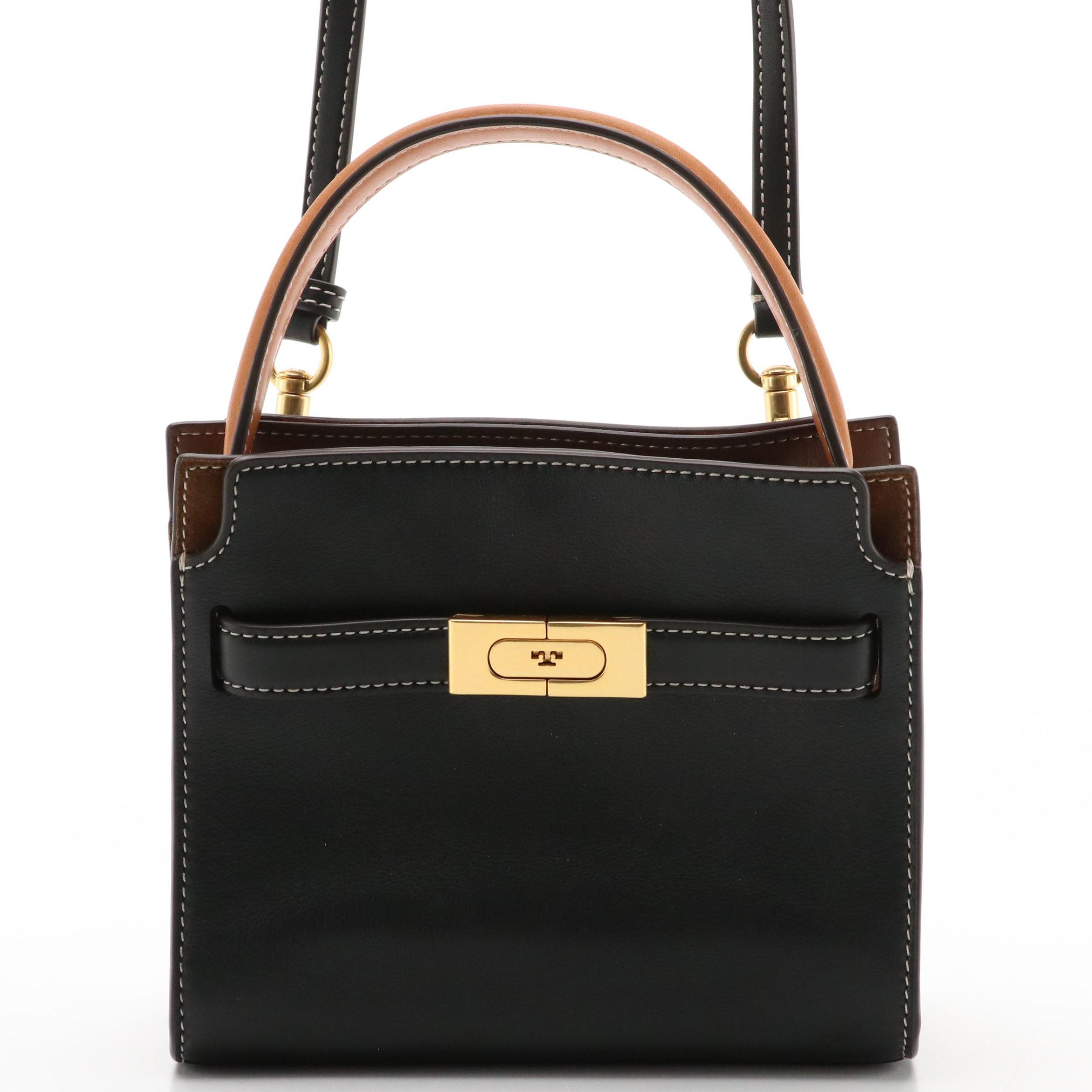 Tory Burch Petite Double Lee Radziwill Two-Way Bag in Black Leather & Suede