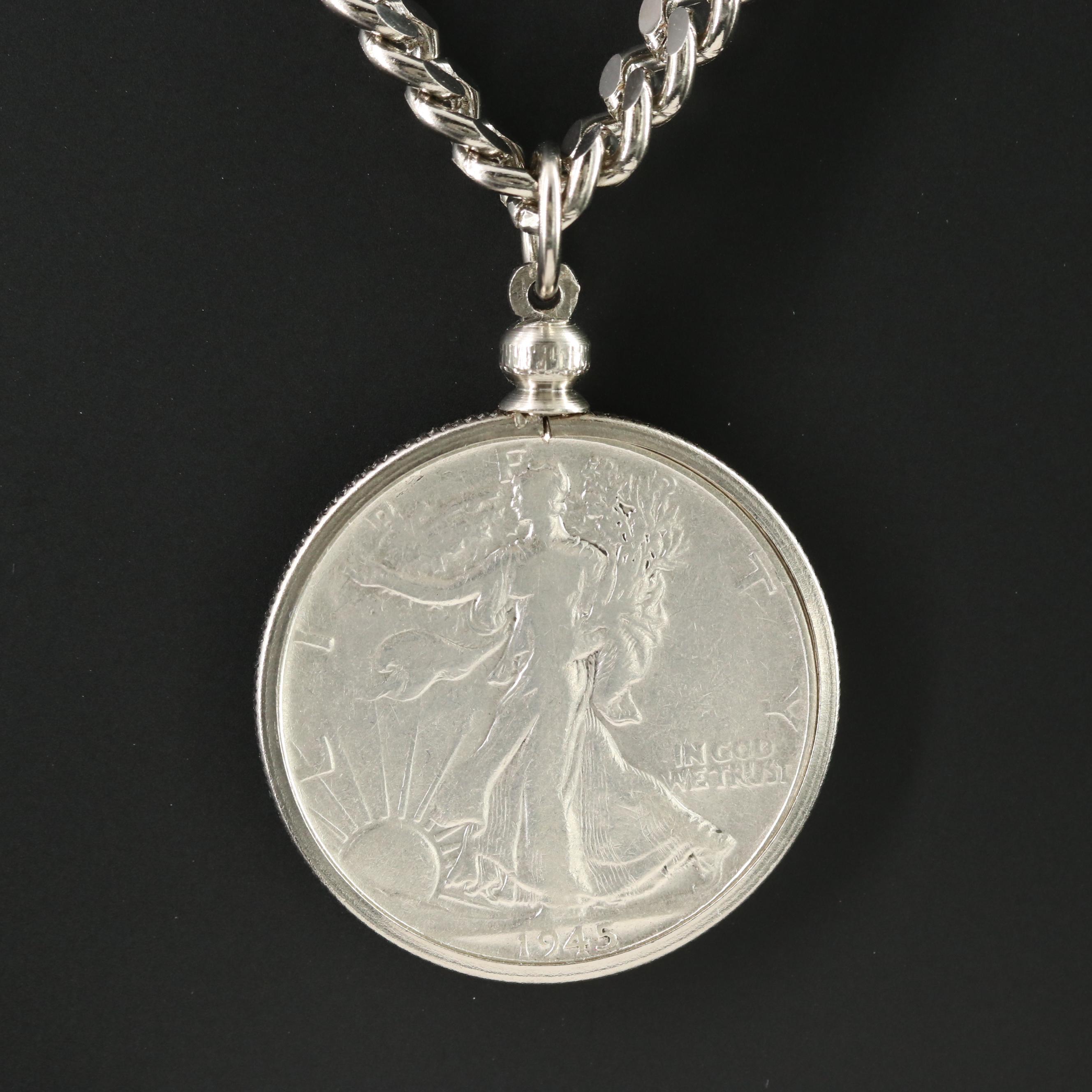 Curb Chain Necklace with 1945 Walking Liberty Silver Half Dollar Coin
