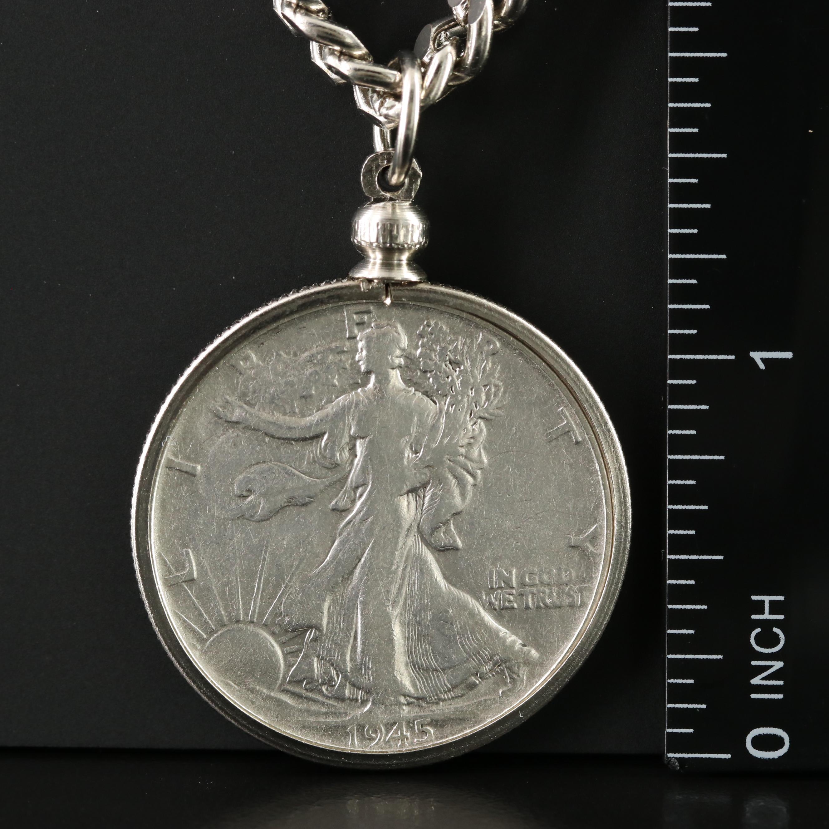 Curb Chain Necklace with 1945 Walking Liberty Silver Half Dollar Coin