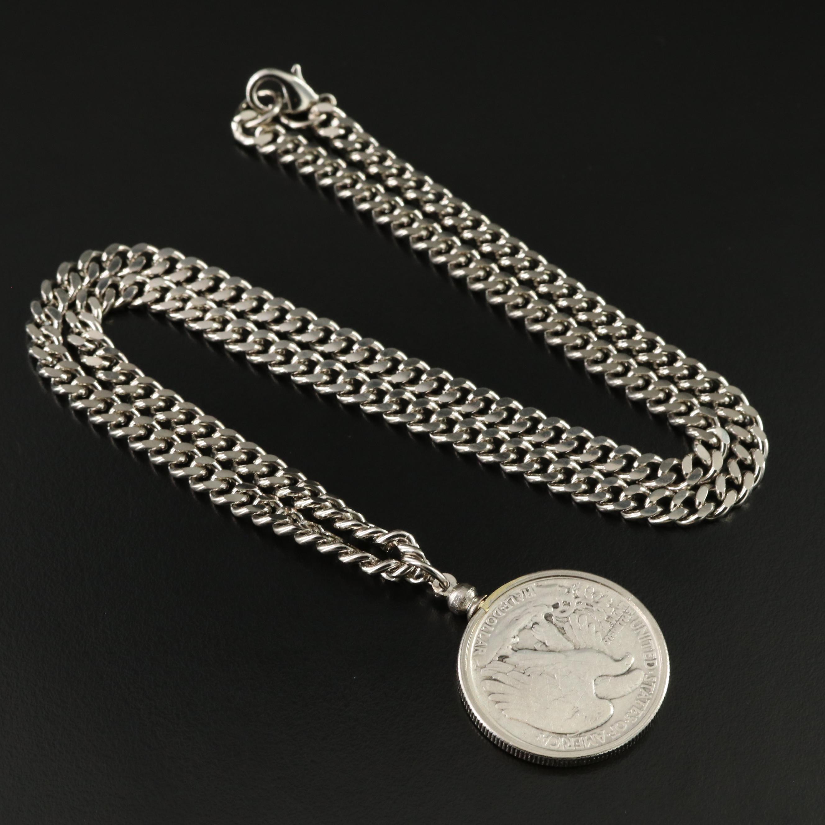 Curb Chain Necklace with 1945 Walking Liberty Silver Half Dollar Coin