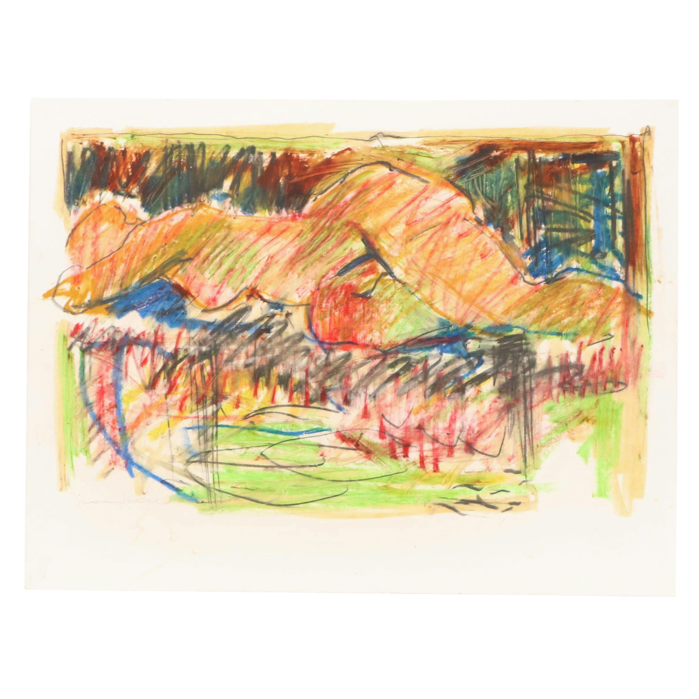 Jack Meanwell Figural Modern Oil Pastel Drawing, Late 20th Century