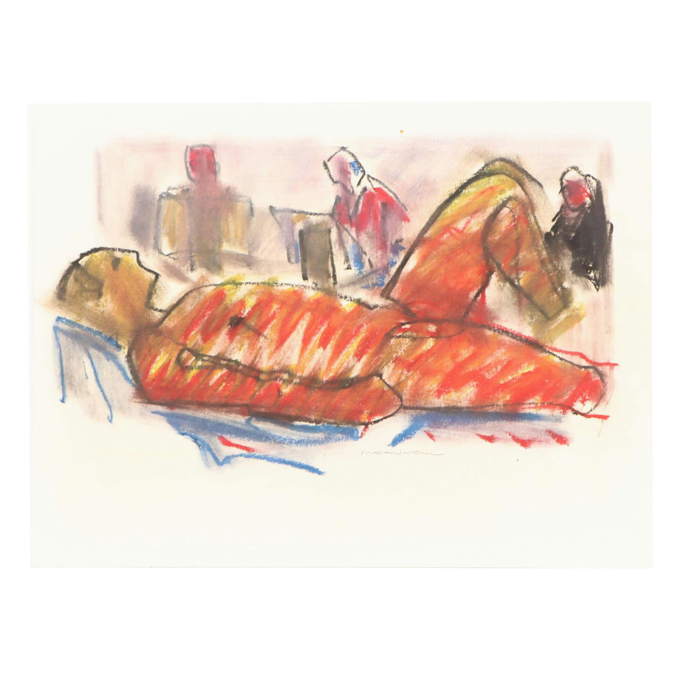 Jack Meanwell Figural Modern Oil Pastel Drawing, Late 20th Century