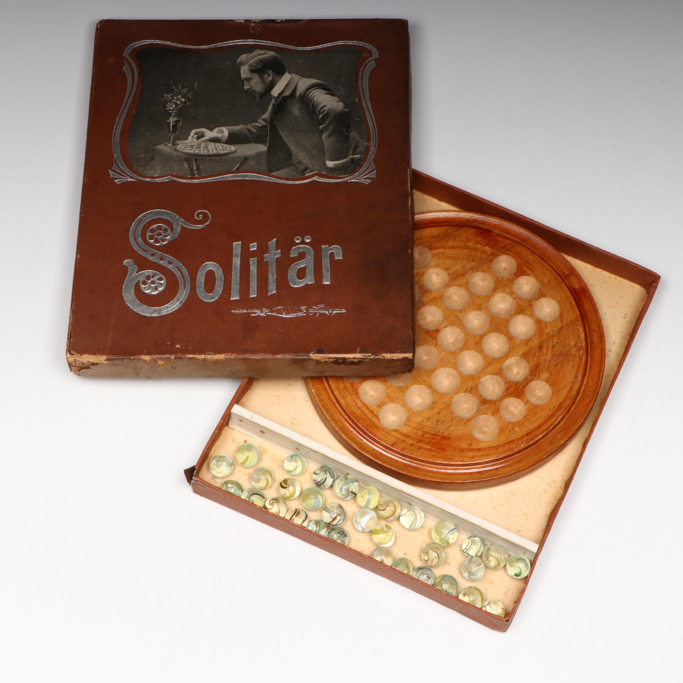 J. W. Spear & Sons Solitaire Game in Box with Handmade German Glass Marbles