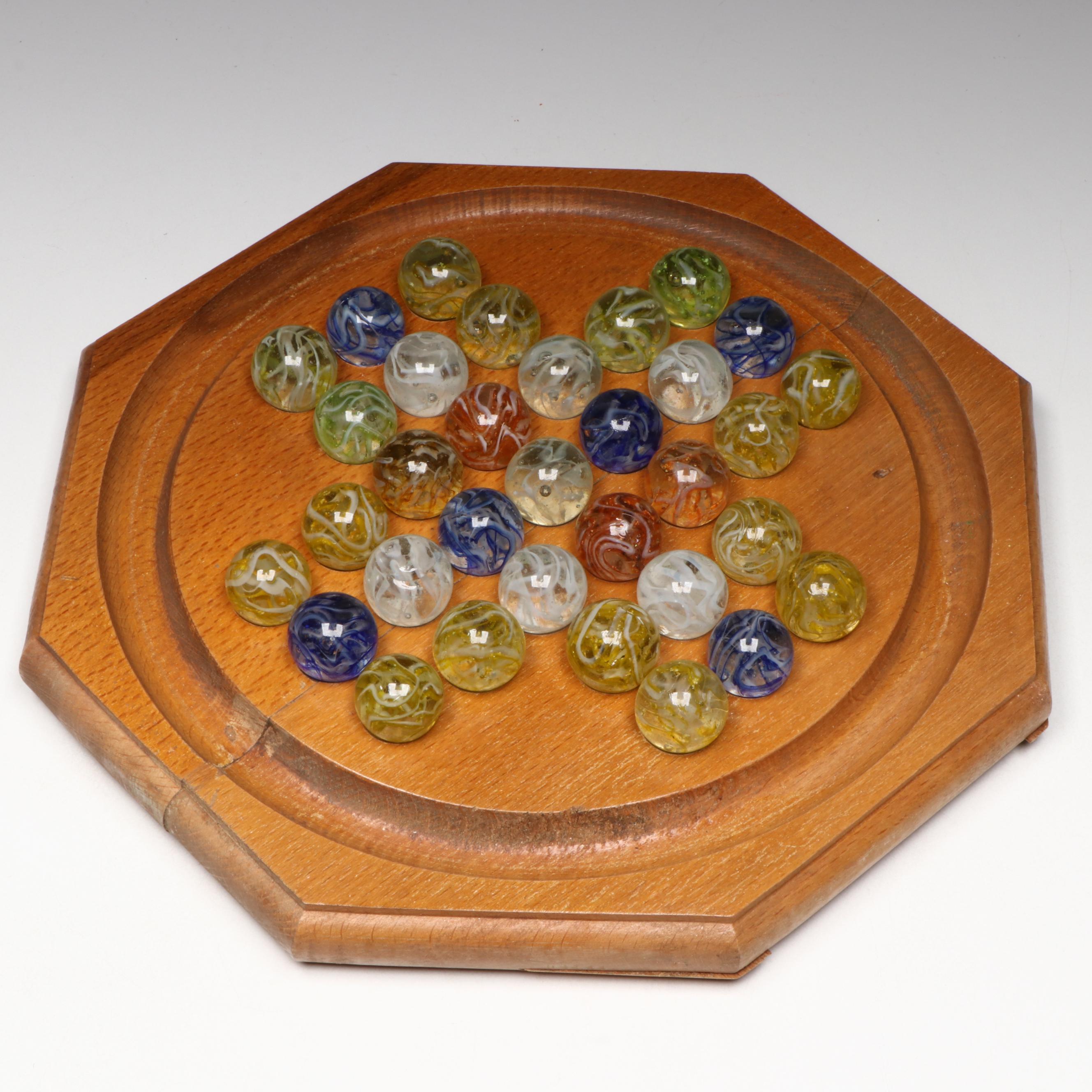 H. P. Gibson & Sons Solitaire Game in Box and Veiligglas Wire Pull Glass Marbles