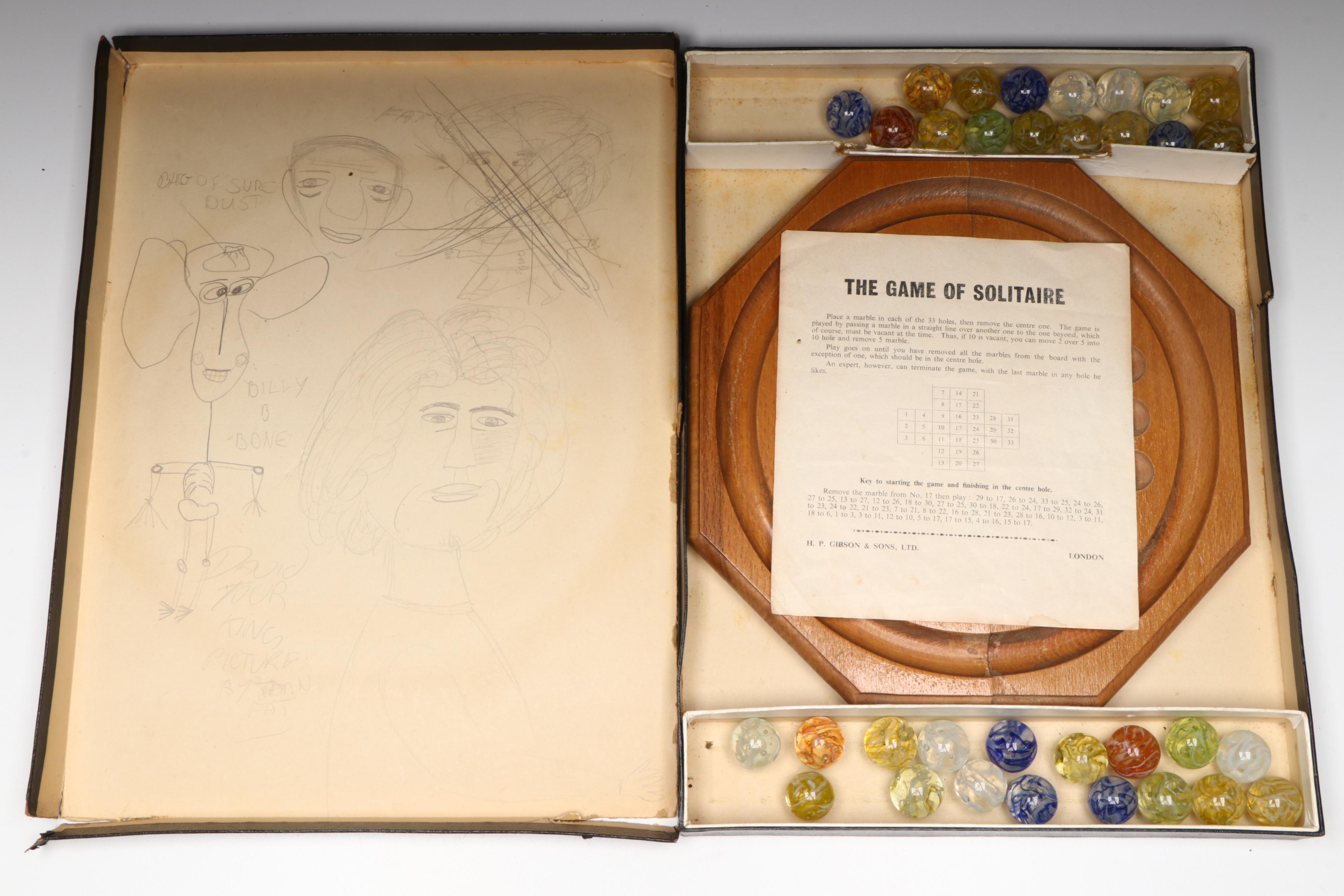 H. P. Gibson & Sons Solitaire Game in Box and Veiligglas Wire Pull Glass Marbles