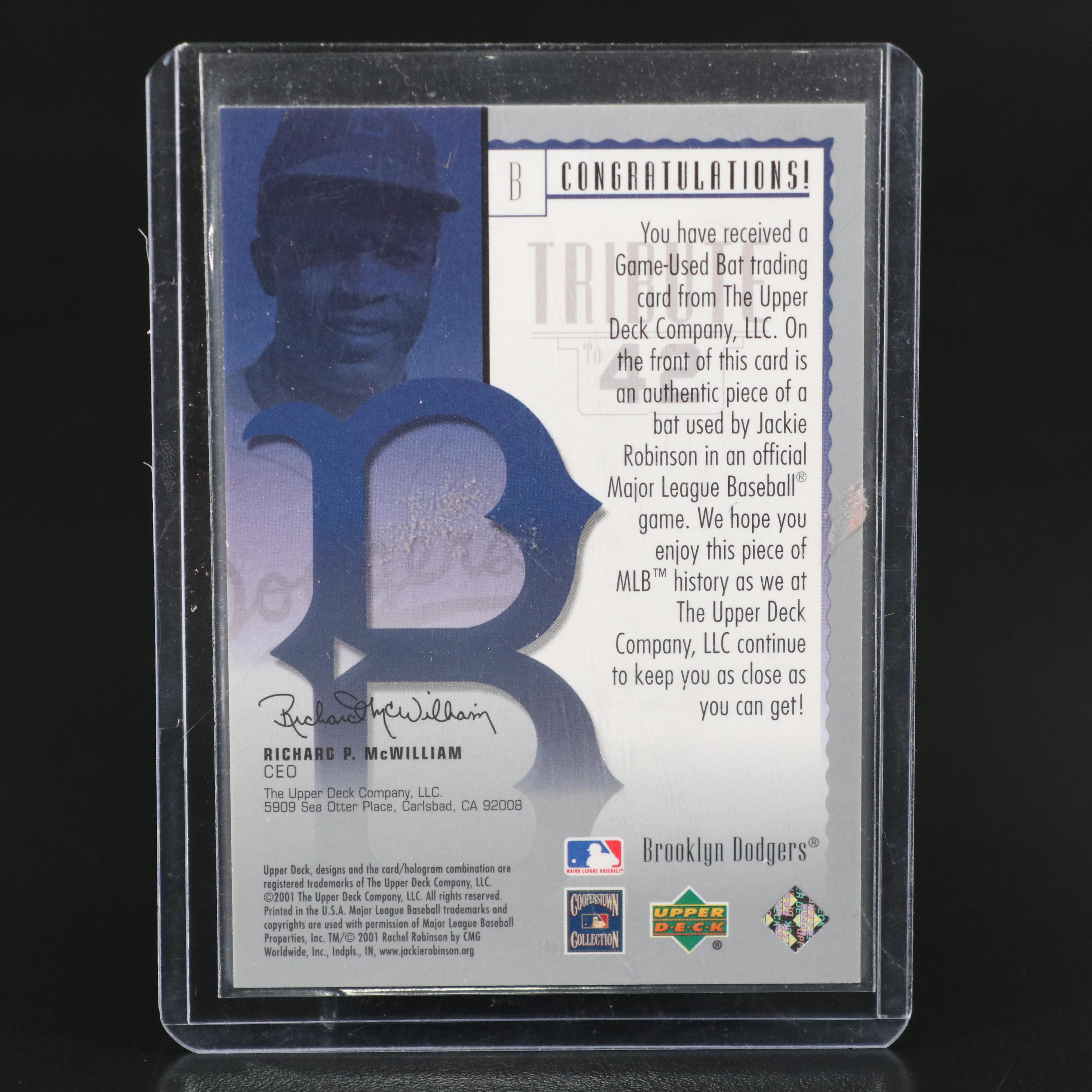2001 Upper Deck Jackie Robinson Brooklyn Dodgers Game-Used Bat Card