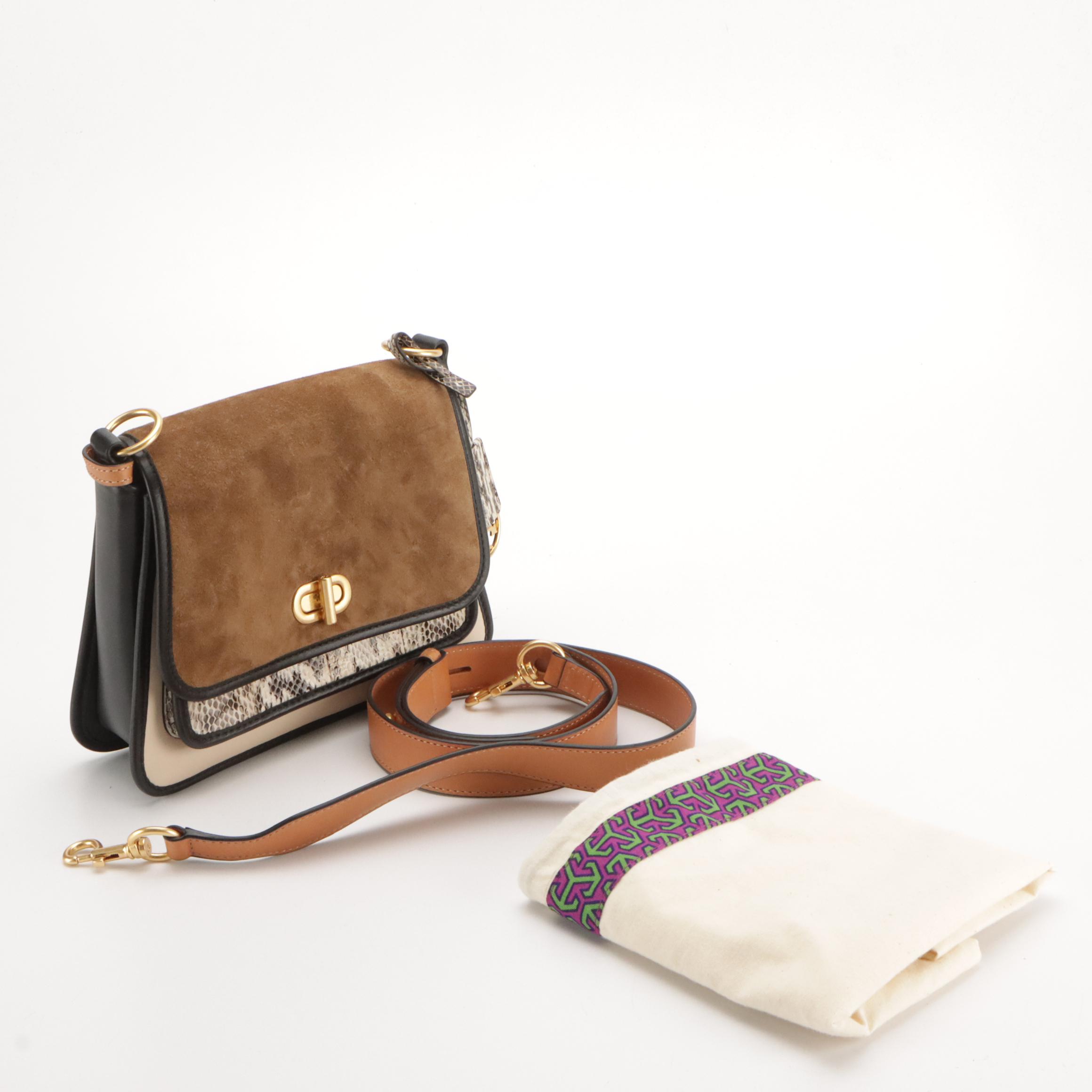 Tory Burch Bennett Saddle Crossbody in Brown Suede, Black Leather & Snakeskin
