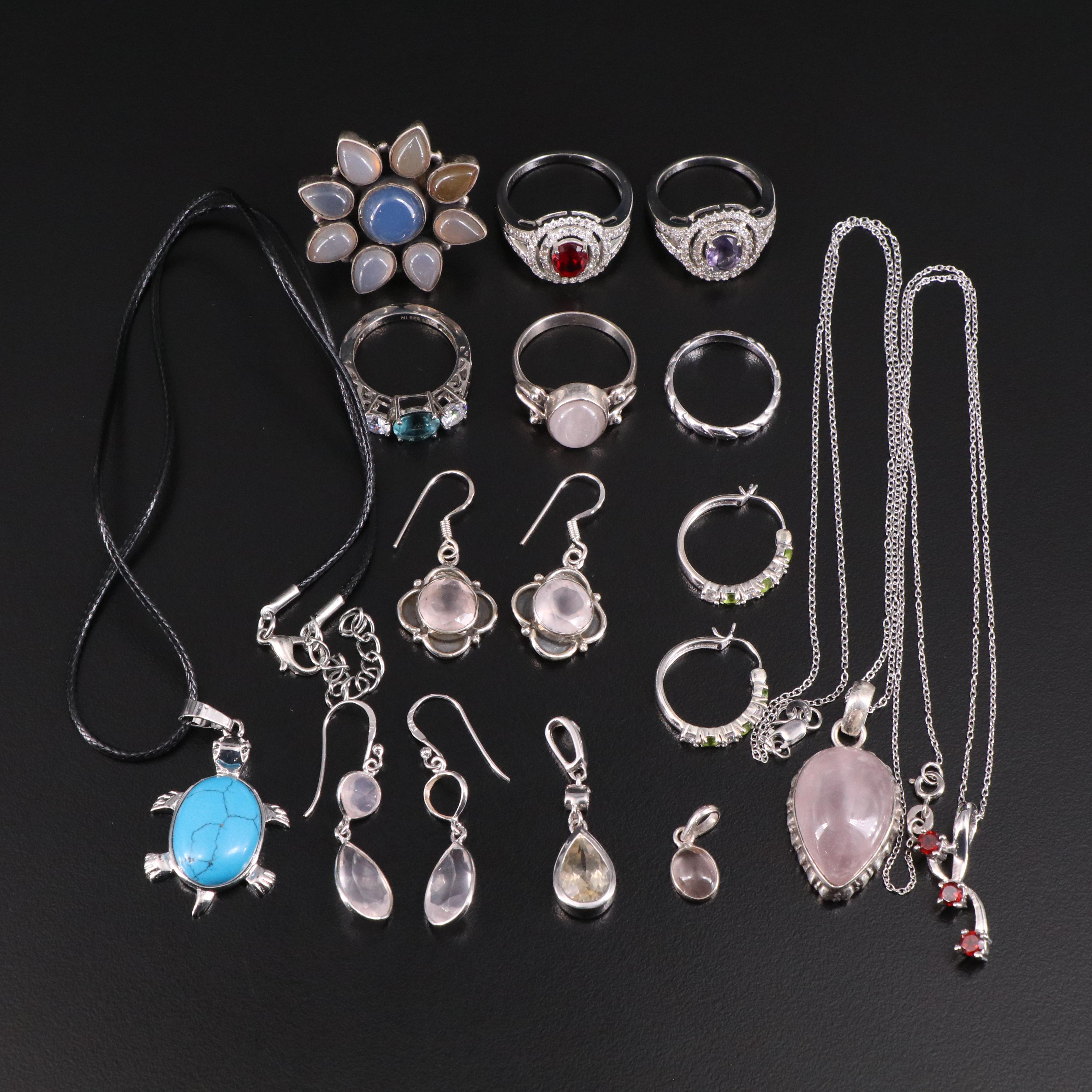 14 Assorted Sterling Silver Rings, Necklaces, Earrings, and Pendants