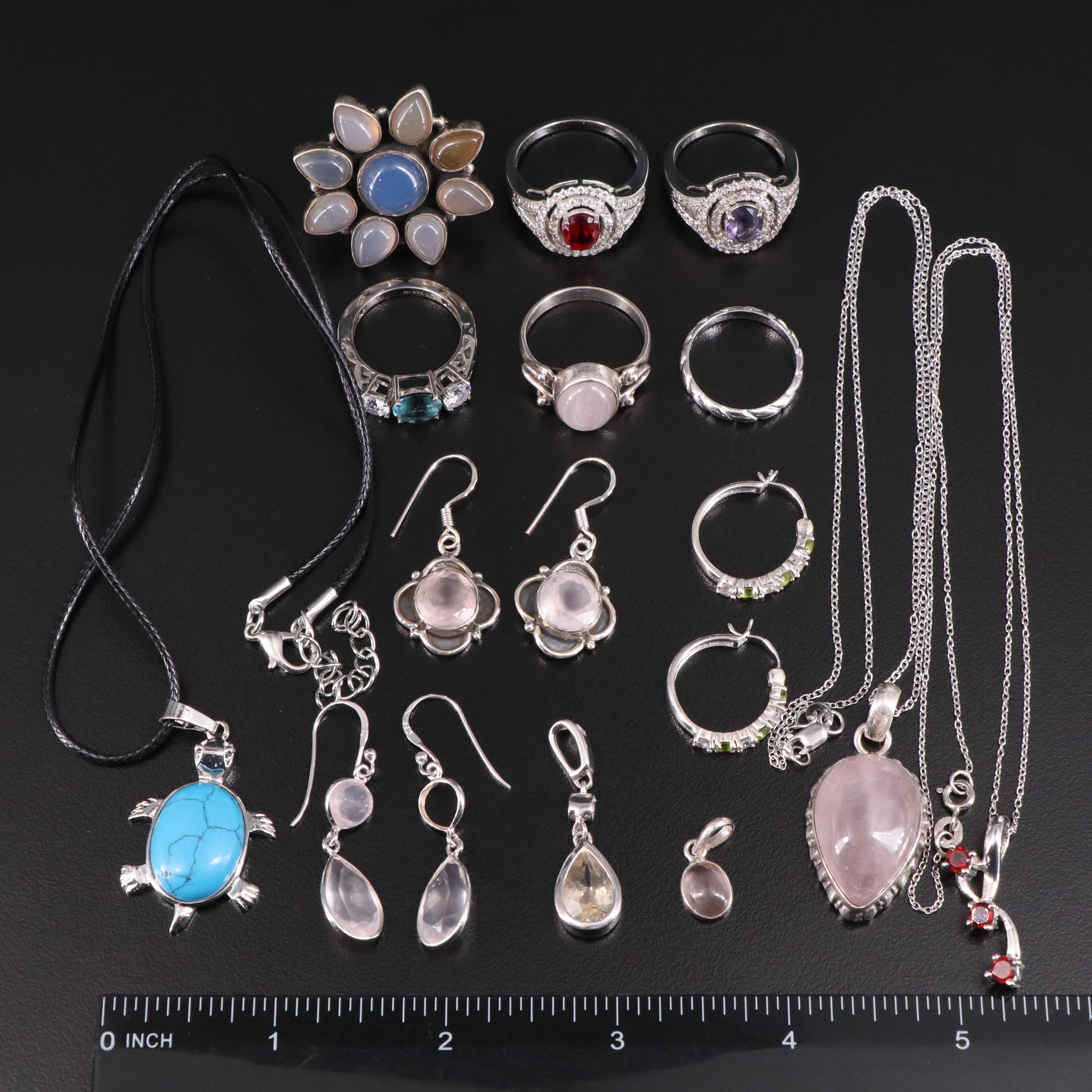14 Assorted Sterling Silver Rings, Necklaces, Earrings, and Pendants