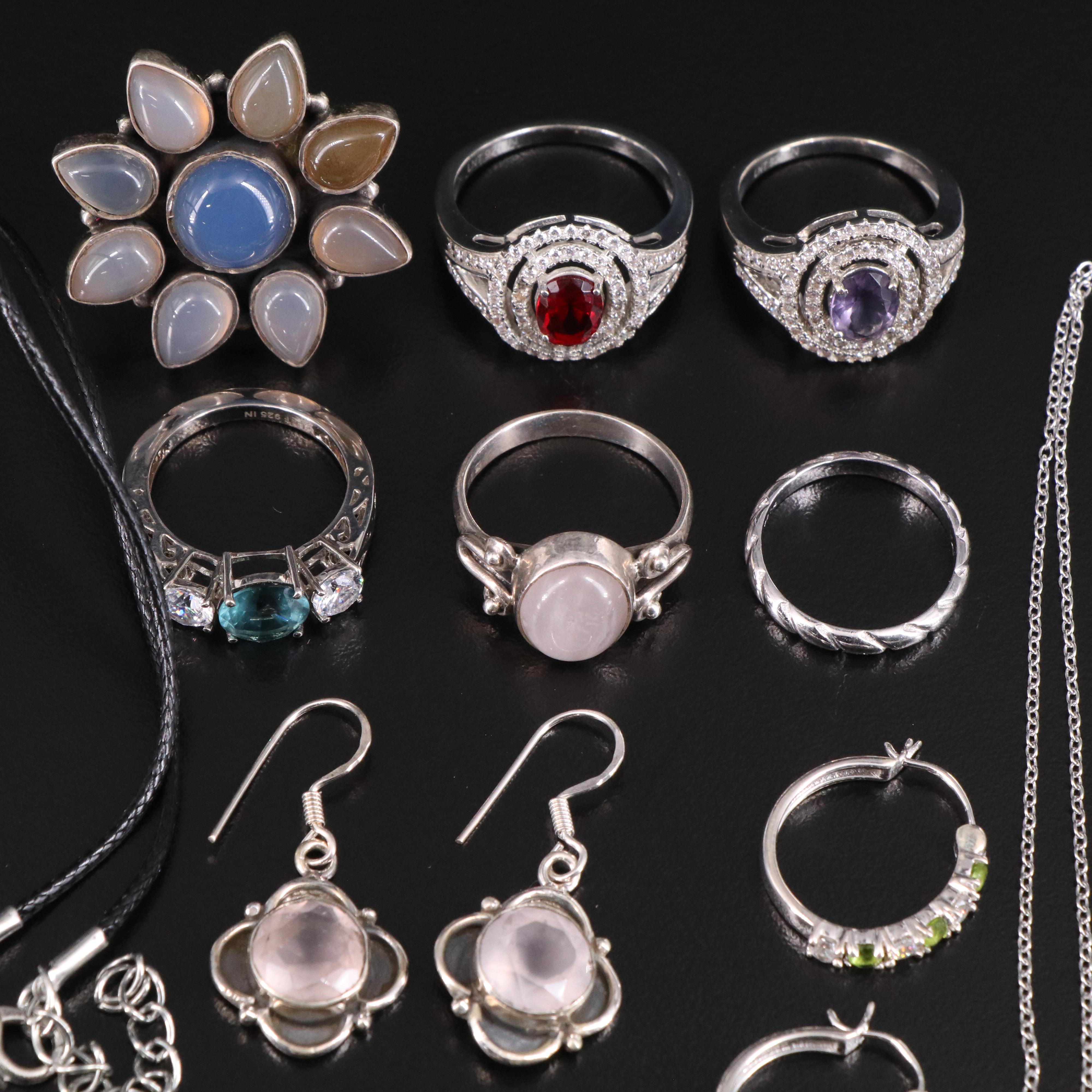 14 Assorted Sterling Silver Rings, Necklaces, Earrings, and Pendants