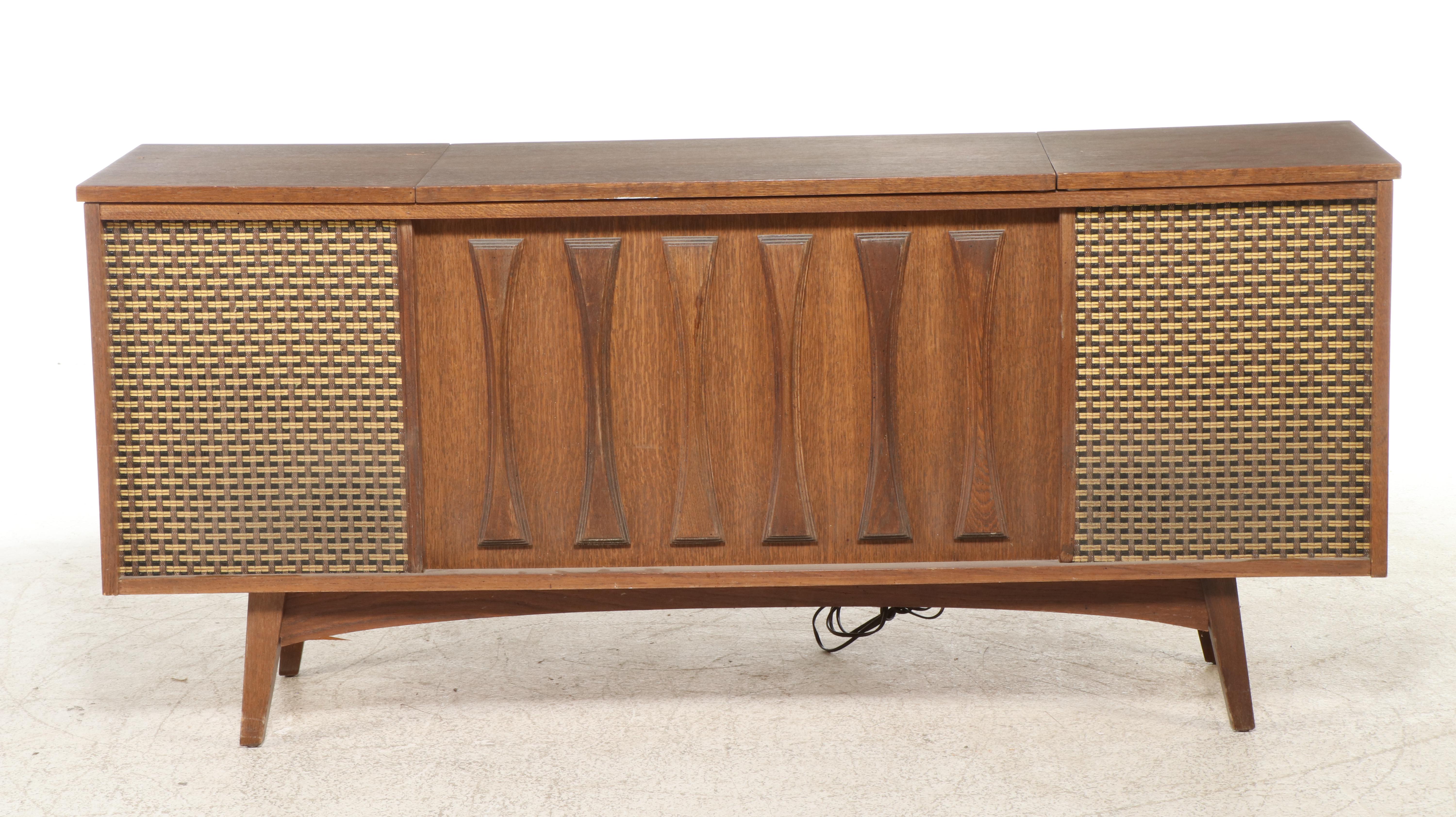 Mid Century Modern Walnut Record Cabinet with Morse Stereo