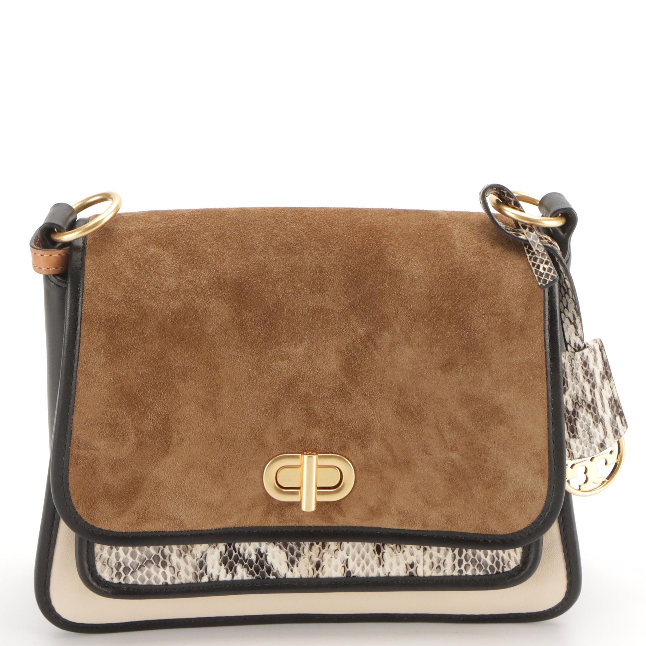 Tory Burch Bennett Saddle Crossbody in Brown Suede, Black Leather & Snakeskin