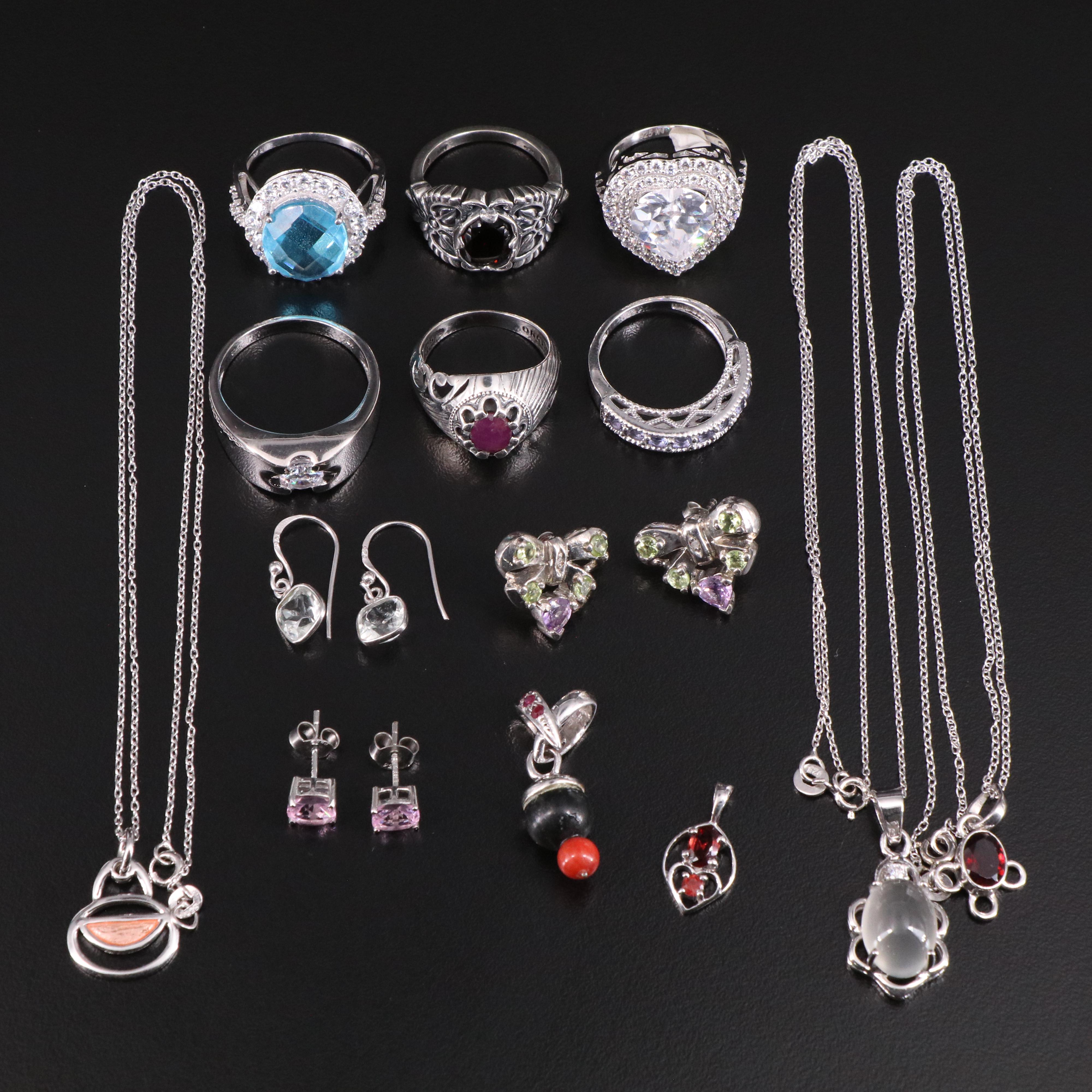 14 Assorted Sterling Silver Rings, Necklaces, Earrings, and Pendants