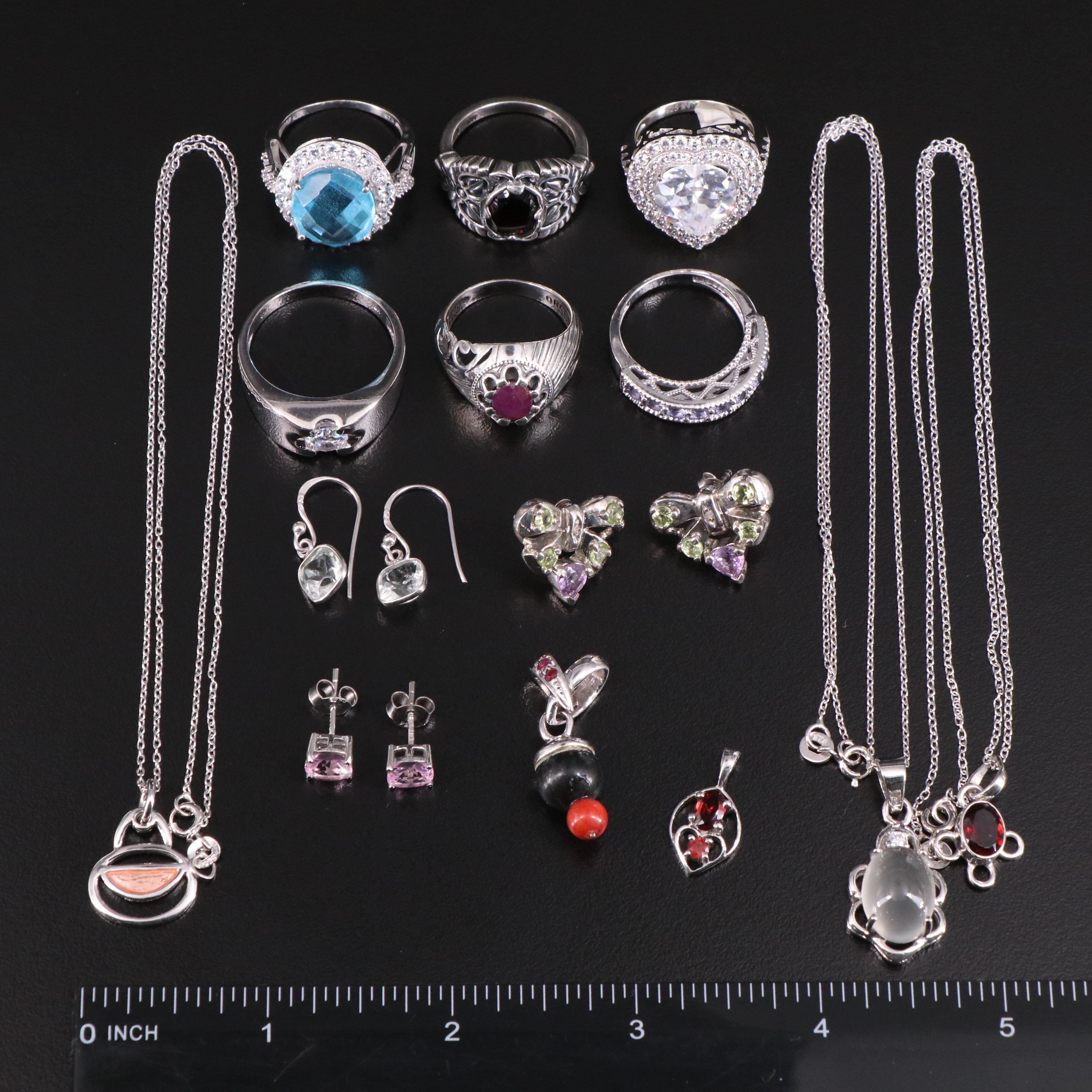 14 Assorted Sterling Silver Rings, Necklaces, Earrings, and Pendants