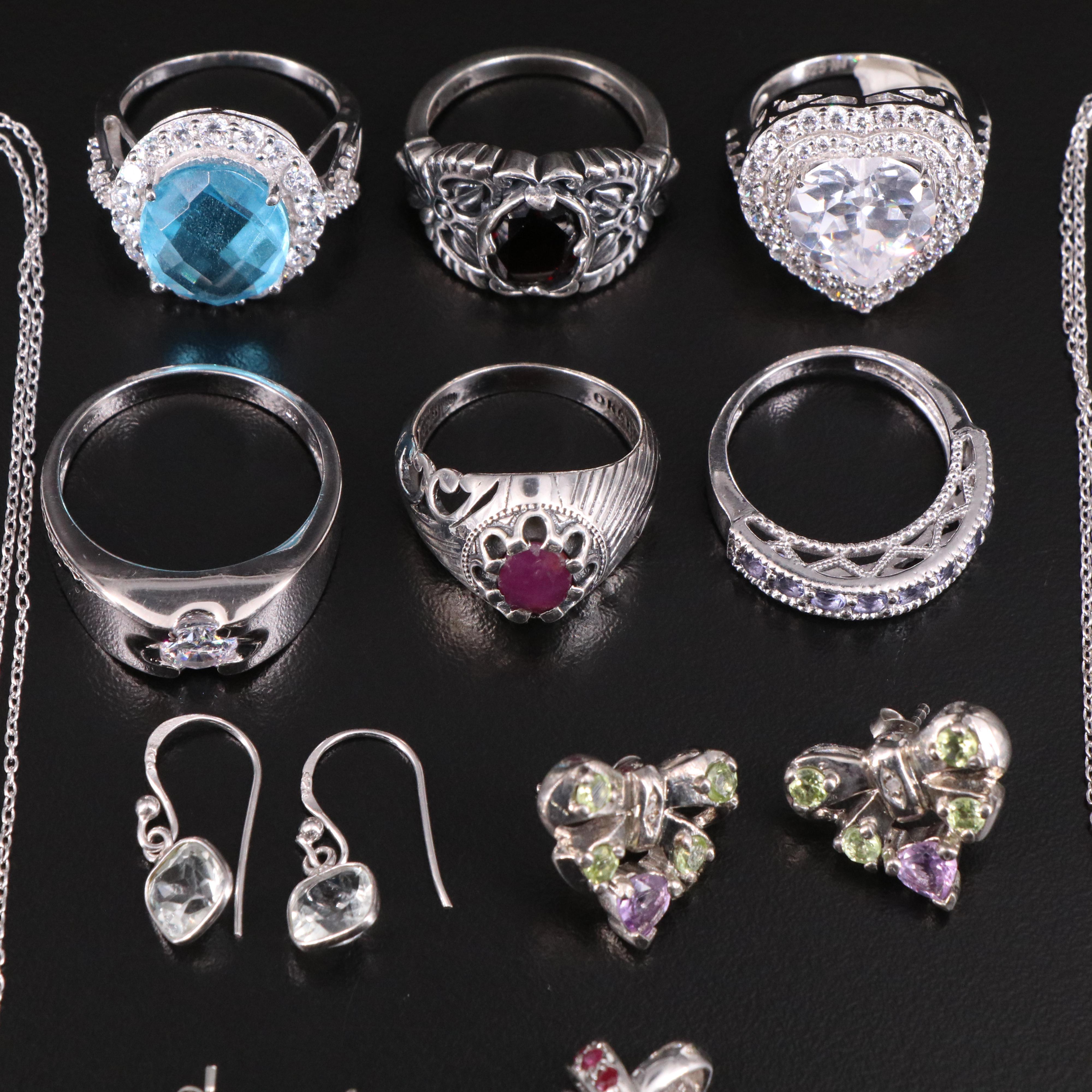 14 Assorted Sterling Silver Rings, Necklaces, Earrings, and Pendants