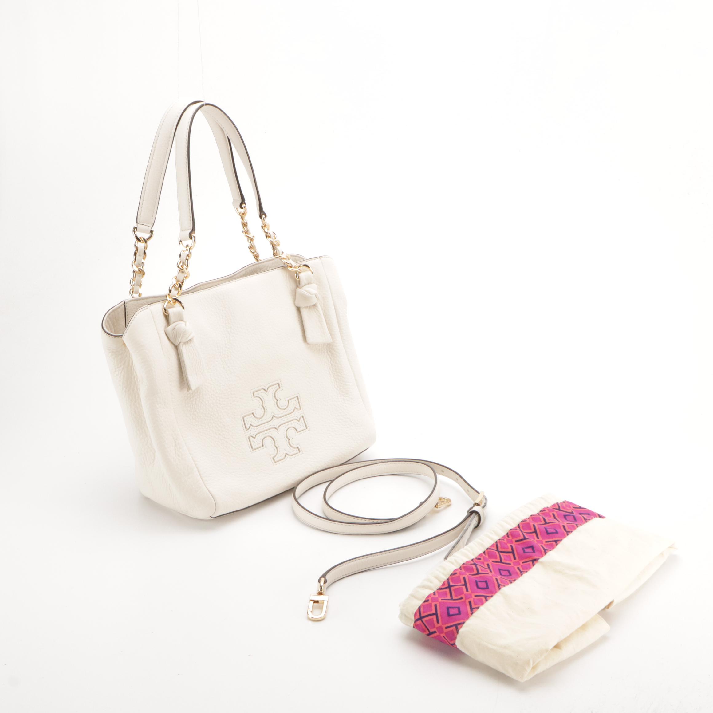 Tory Burch Small Harper Two-Way Satchel in White Grained Leather, With Tag