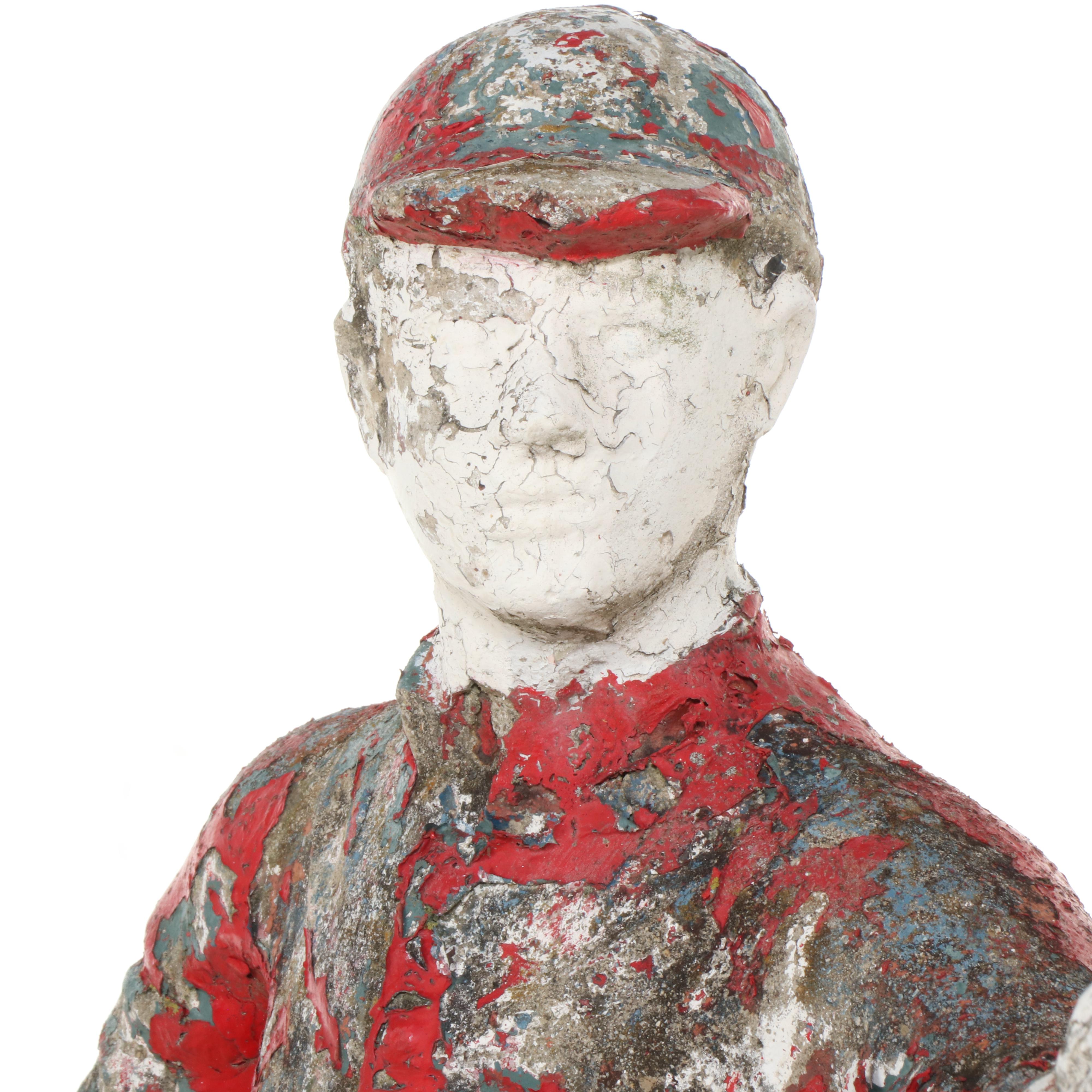 Polychrome Cast Concrete Figural Jockey Horse Hitch