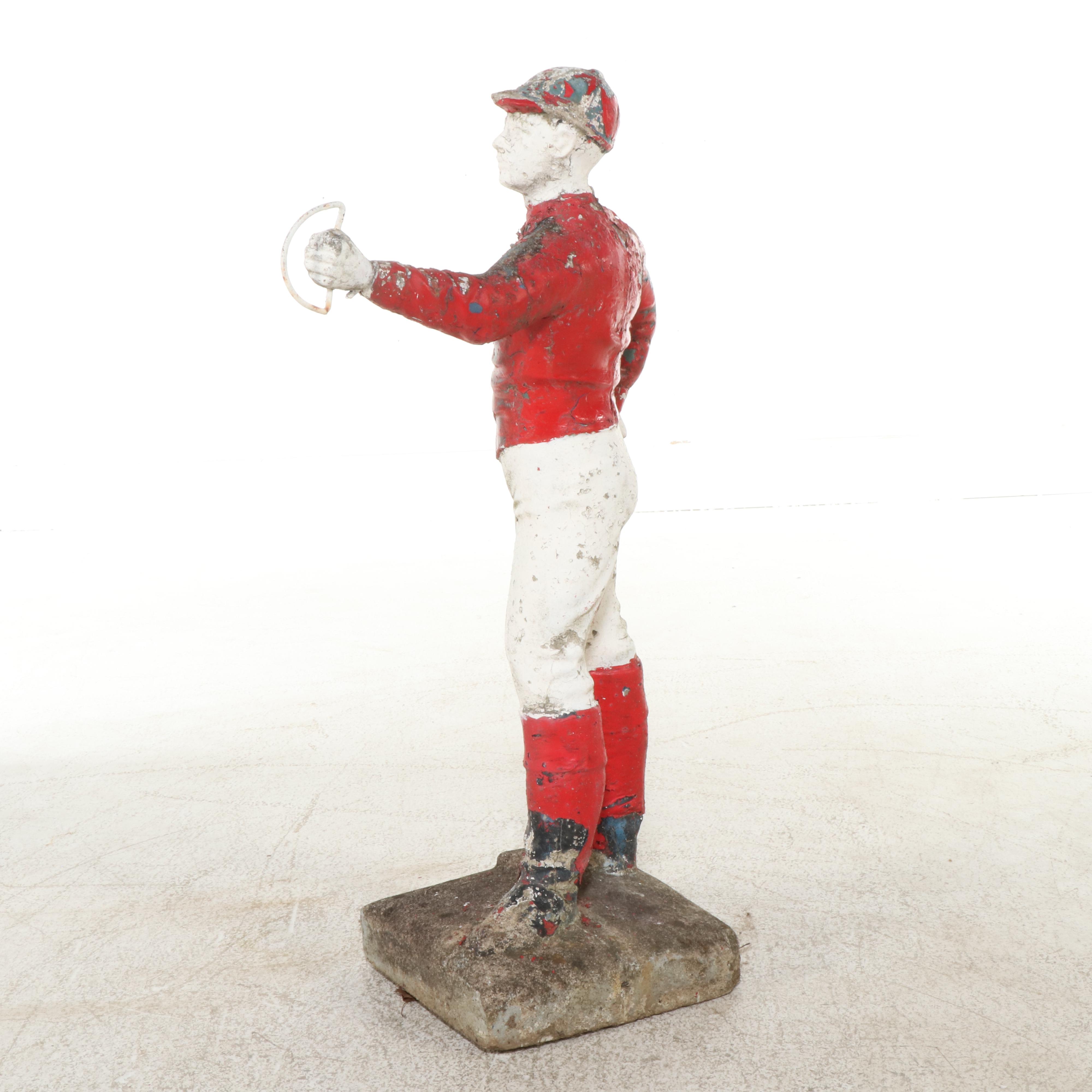 Polychrome Cast Concrete Figural Jockey Horse Hitch