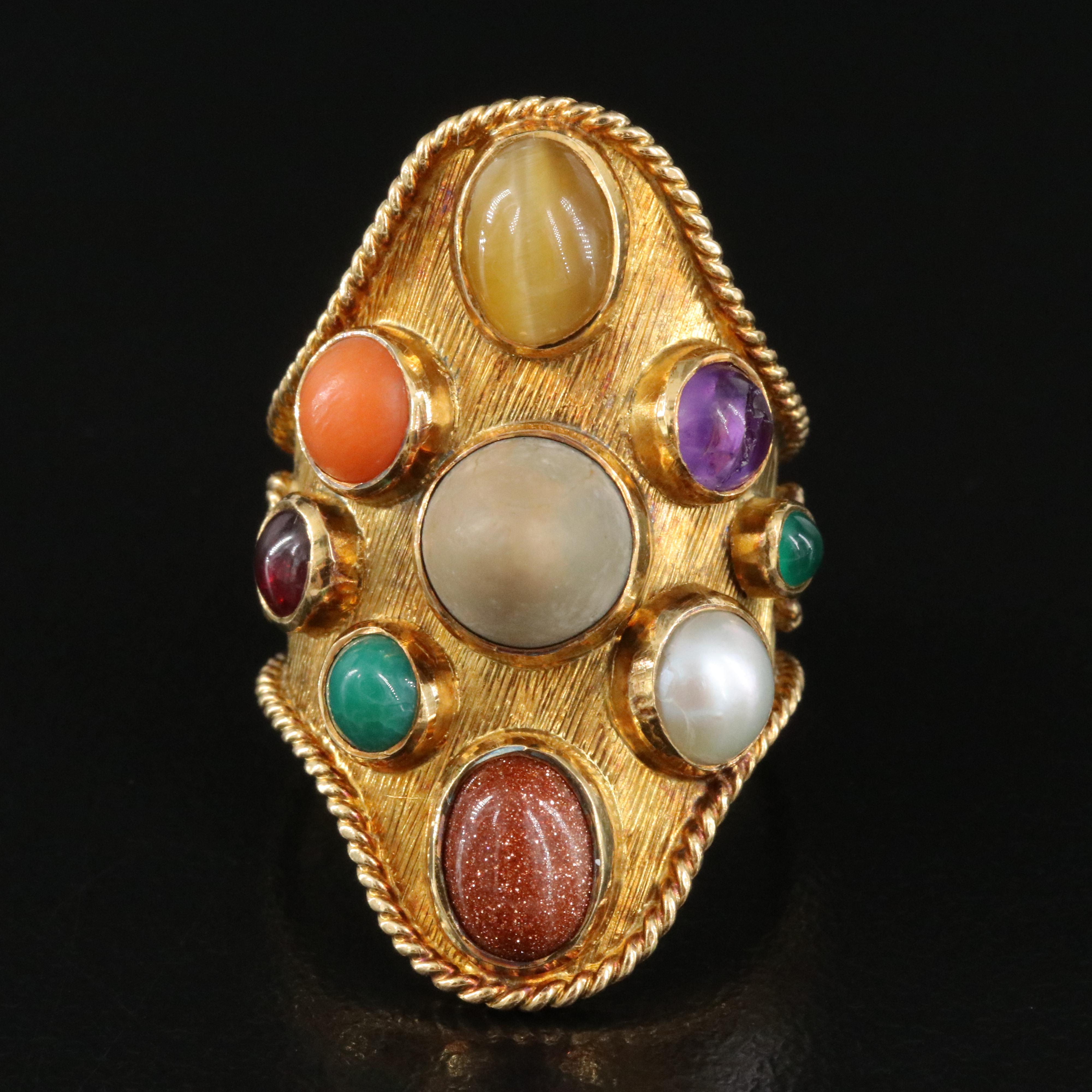 14K  Gemstone Ring Featuring Pearl, Garnet and Coral