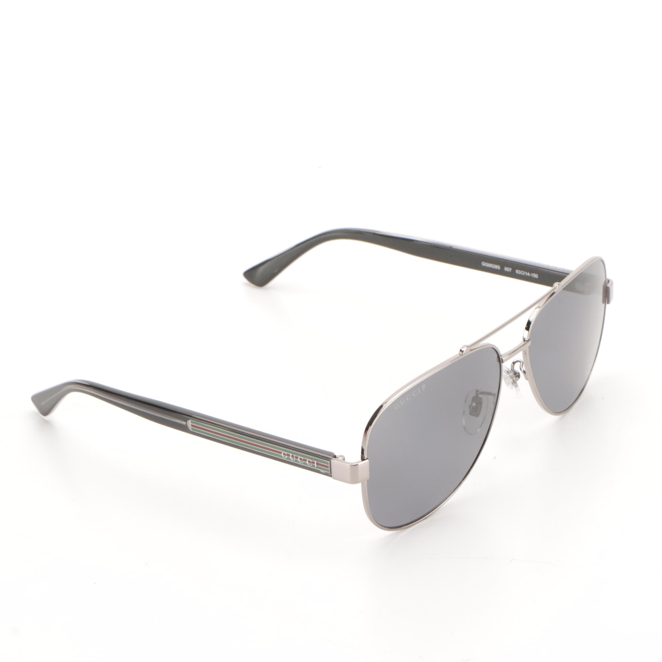 Gucci GG0528S 007 Polarized Aviator Sunglasses With Web Stripe in Case