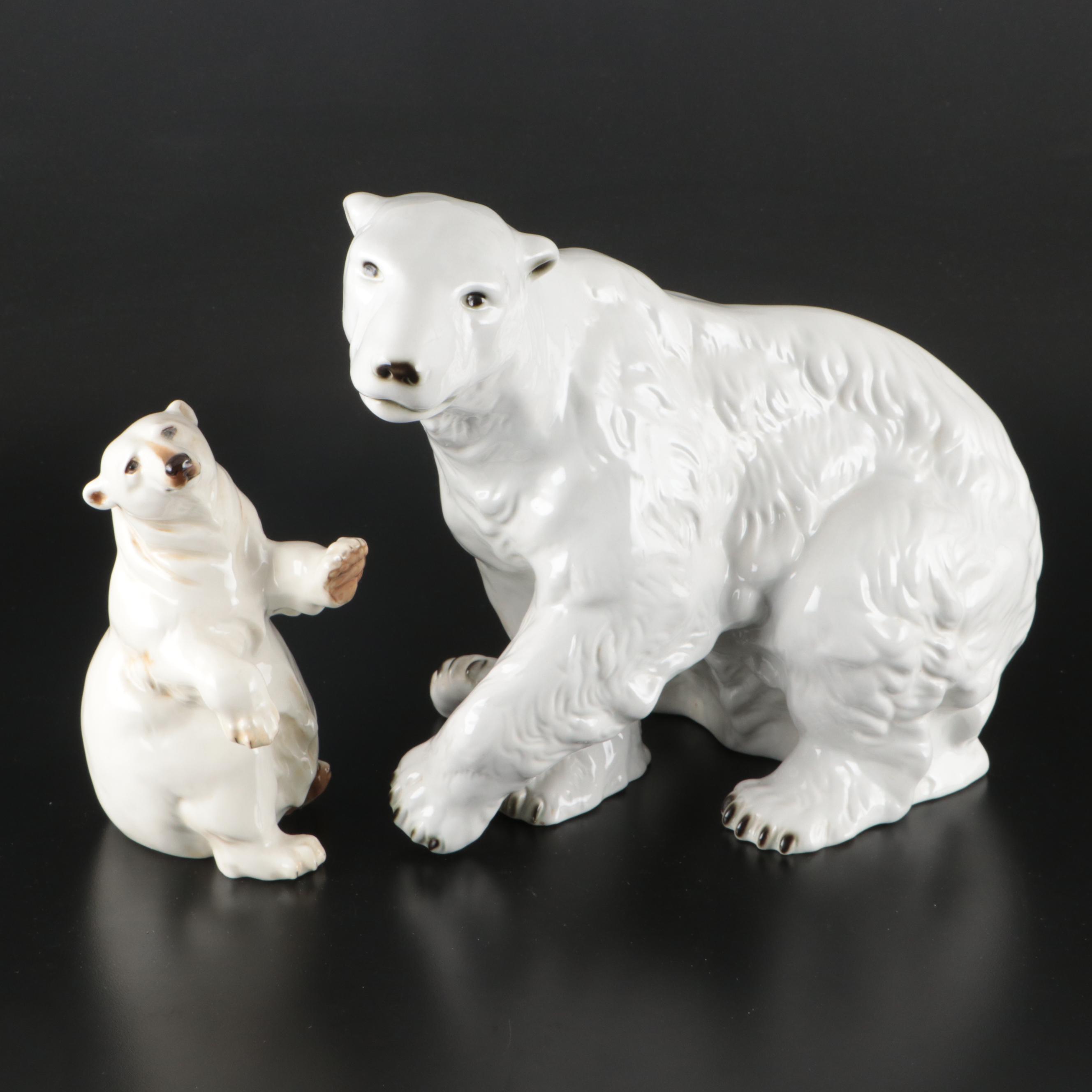 Royal Dux Porcelain Polar Bear Figure with Hutschenreuther Ceramic Polar Bear