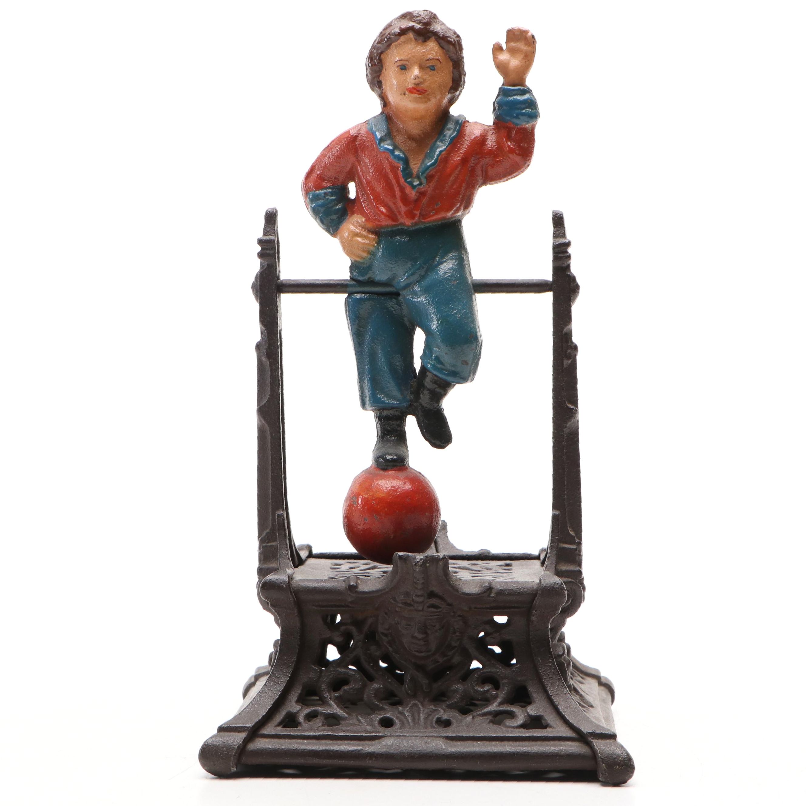 Painted Cast Iron Boy on Trapeze Book of Knowledge Mechanical Bank