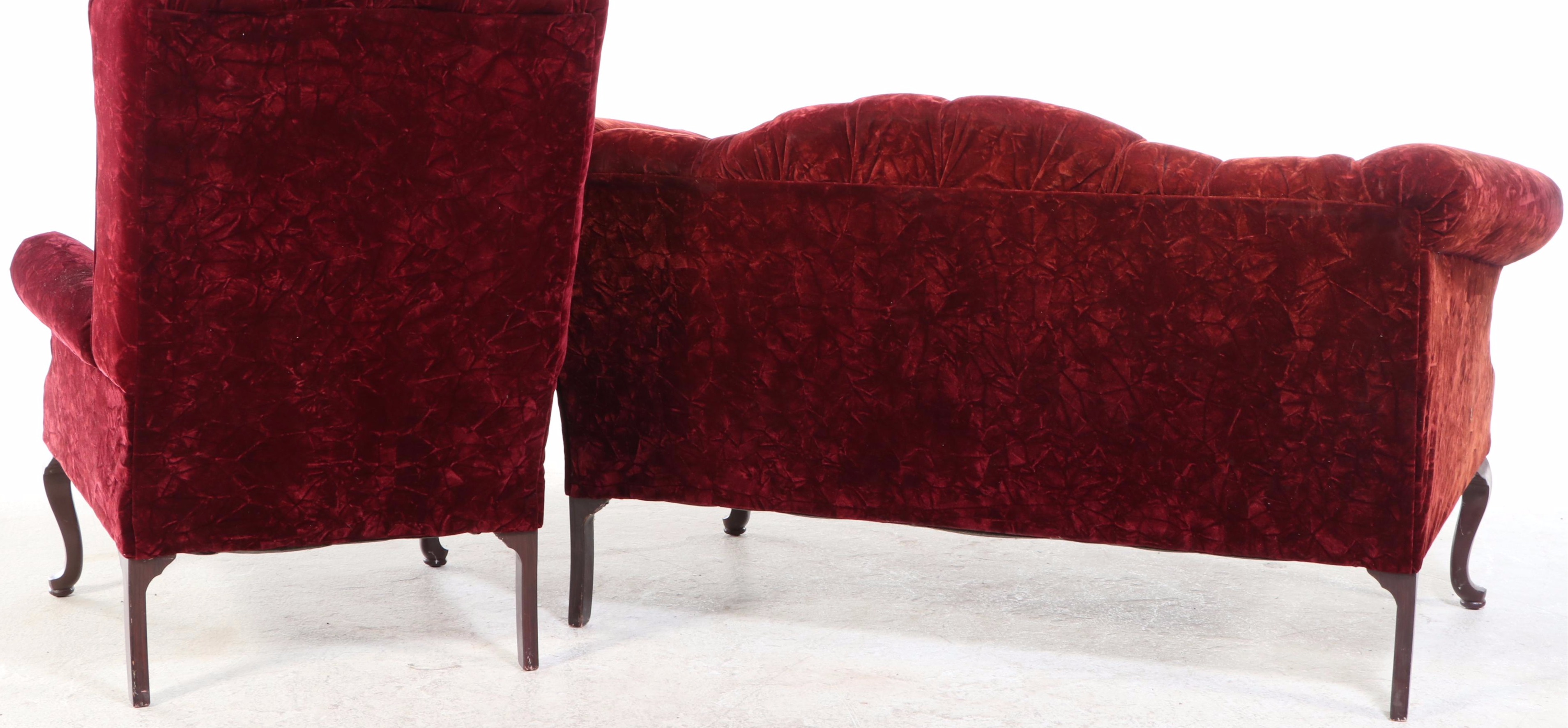 Gillespie Furniture Mfg. Queen Anne Style Crushed Velvet Loveseat and Wing Chair