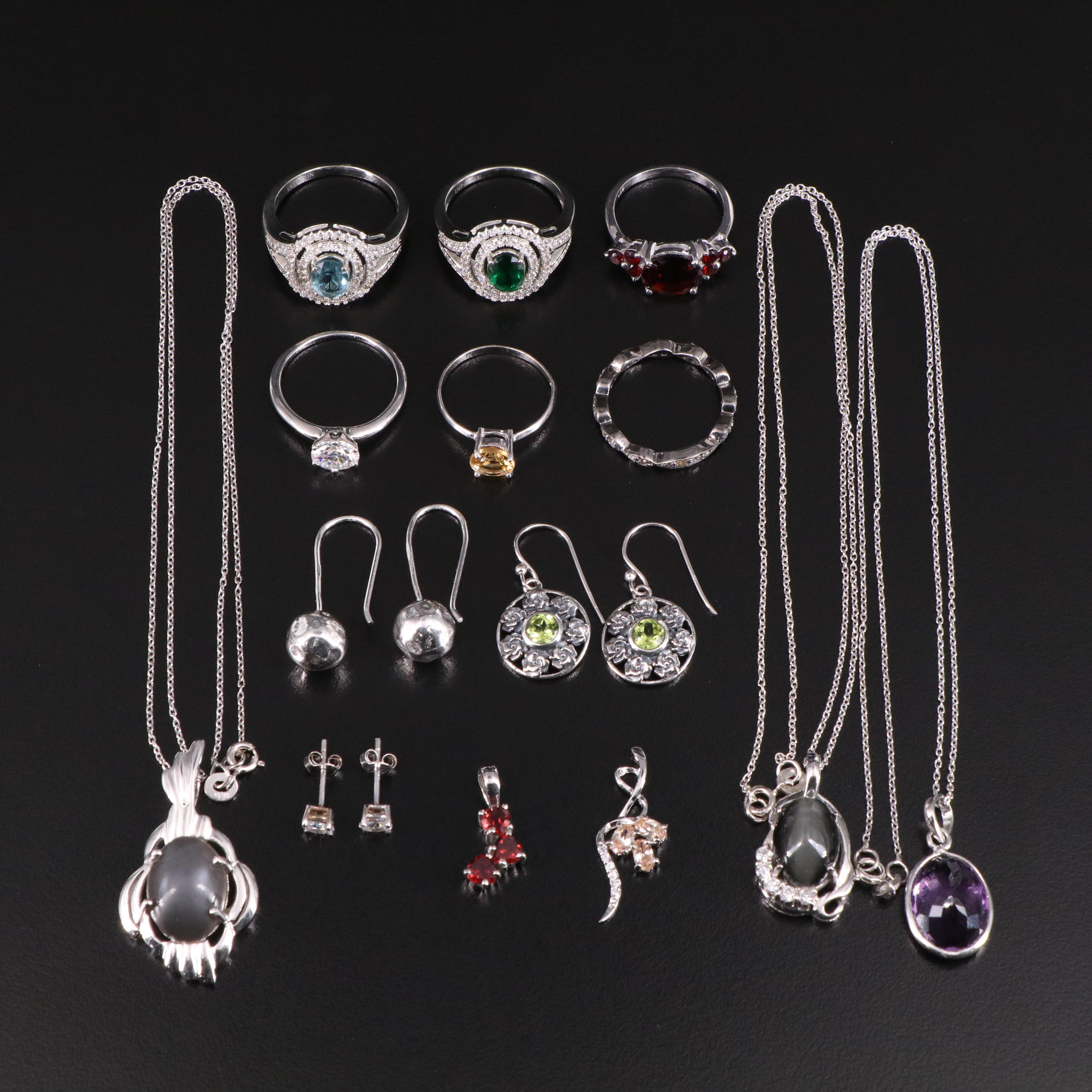 14 Assorted Sterling Silver Rings, Necklaces, Earrings, and Pendants