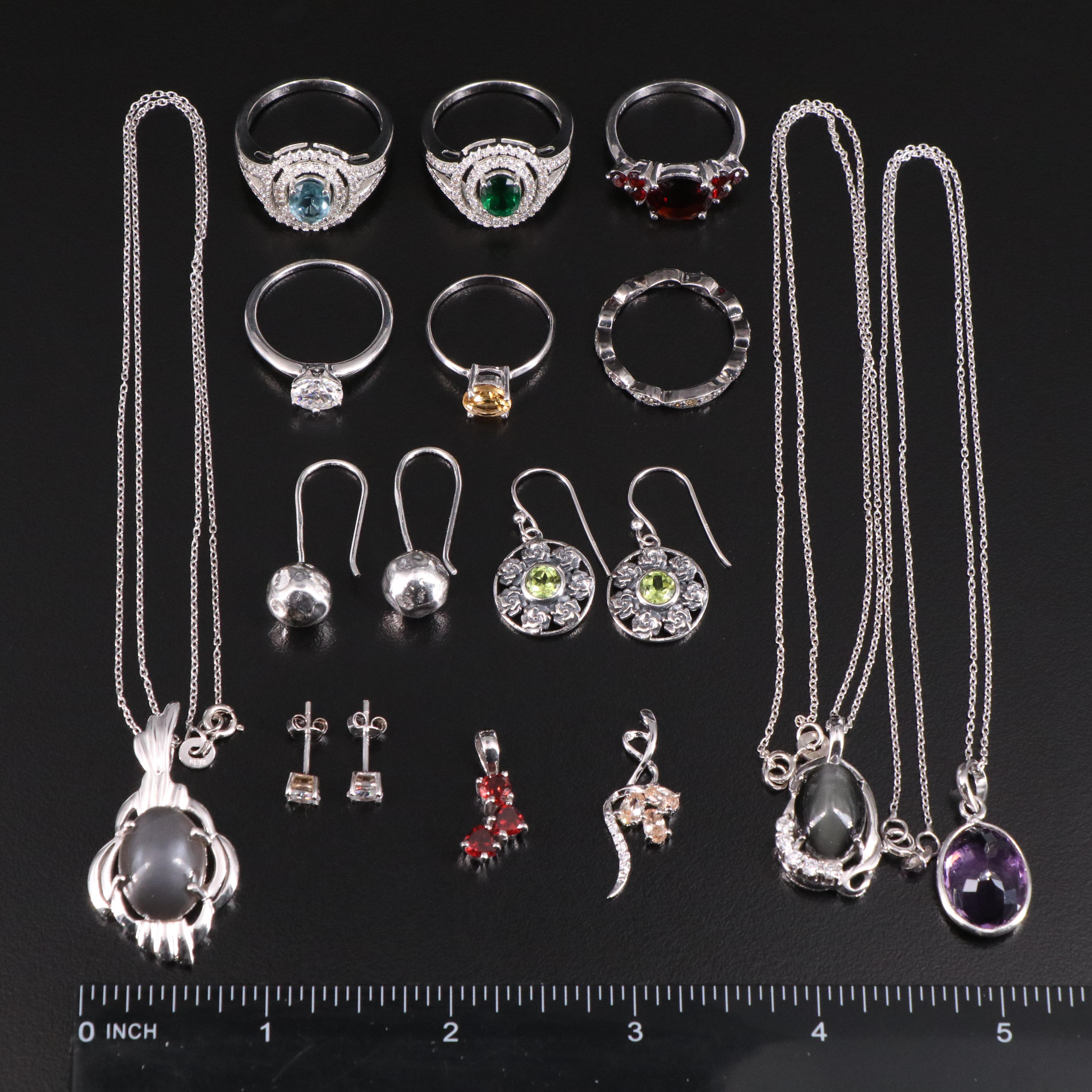14 Assorted Sterling Silver Rings, Necklaces, Earrings, and Pendants