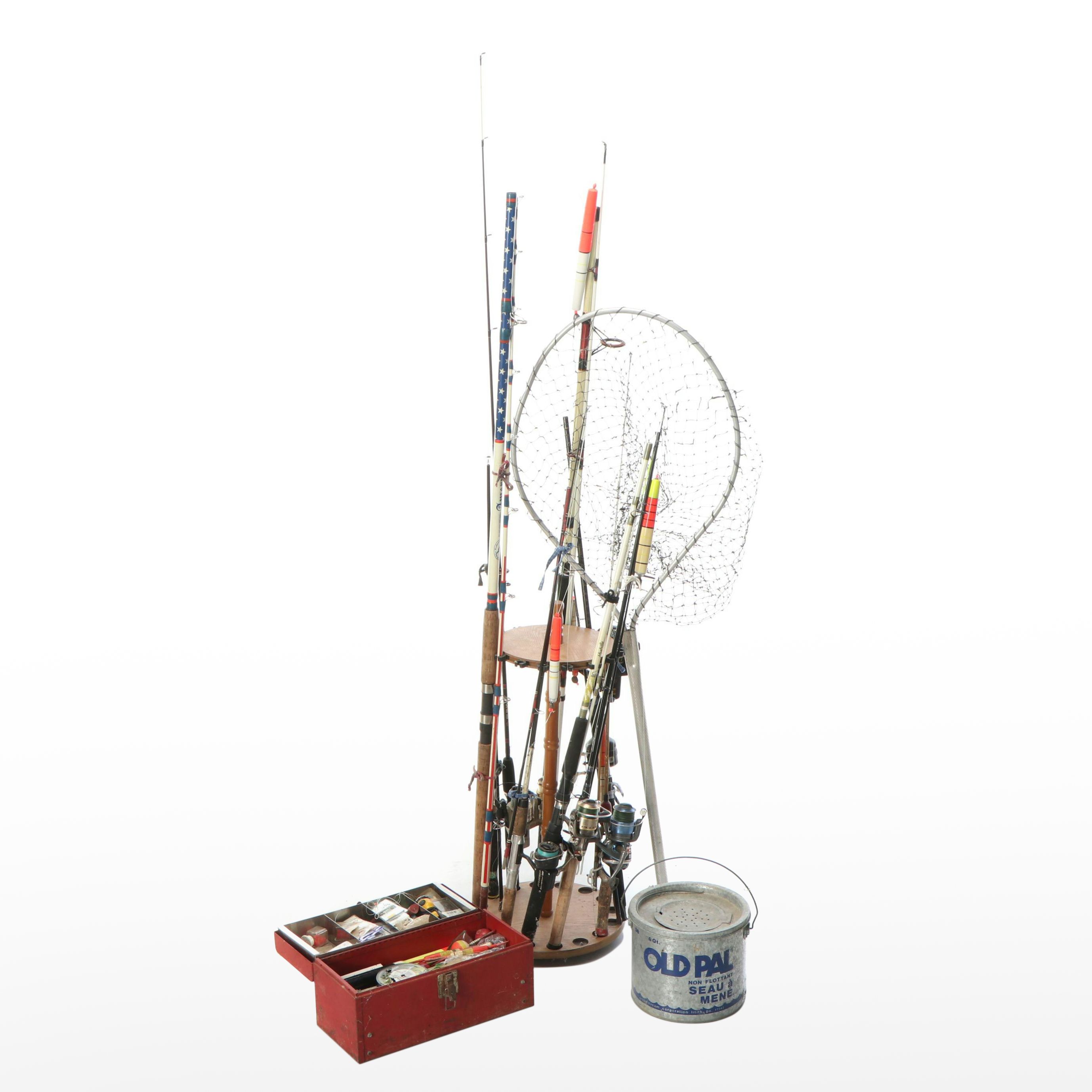 Fishing Rods with Rod Display Reel, Tackle Box, and Supplies