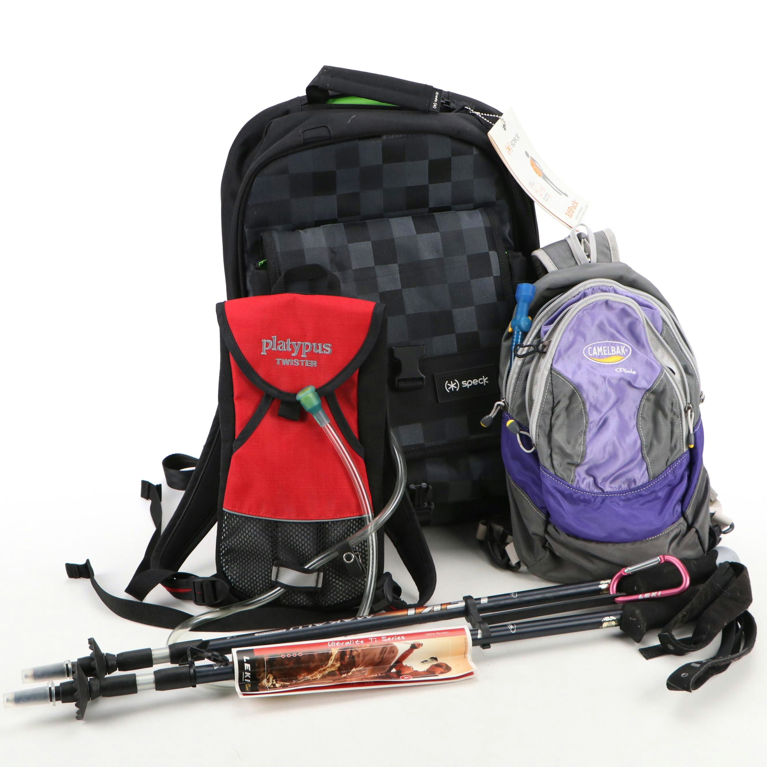 Camelbak and Platypus Hydration Packs with Speck Backpack and Leki Hiking Poles