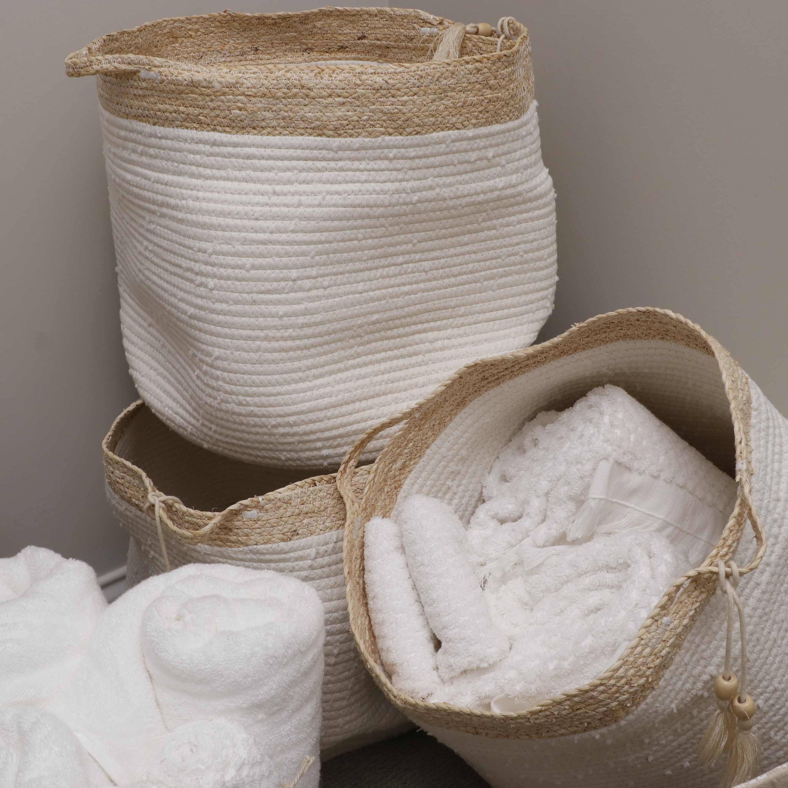 Rope, Jute, and Seagrass Storage Baskets, Bathroom Décor and Towels