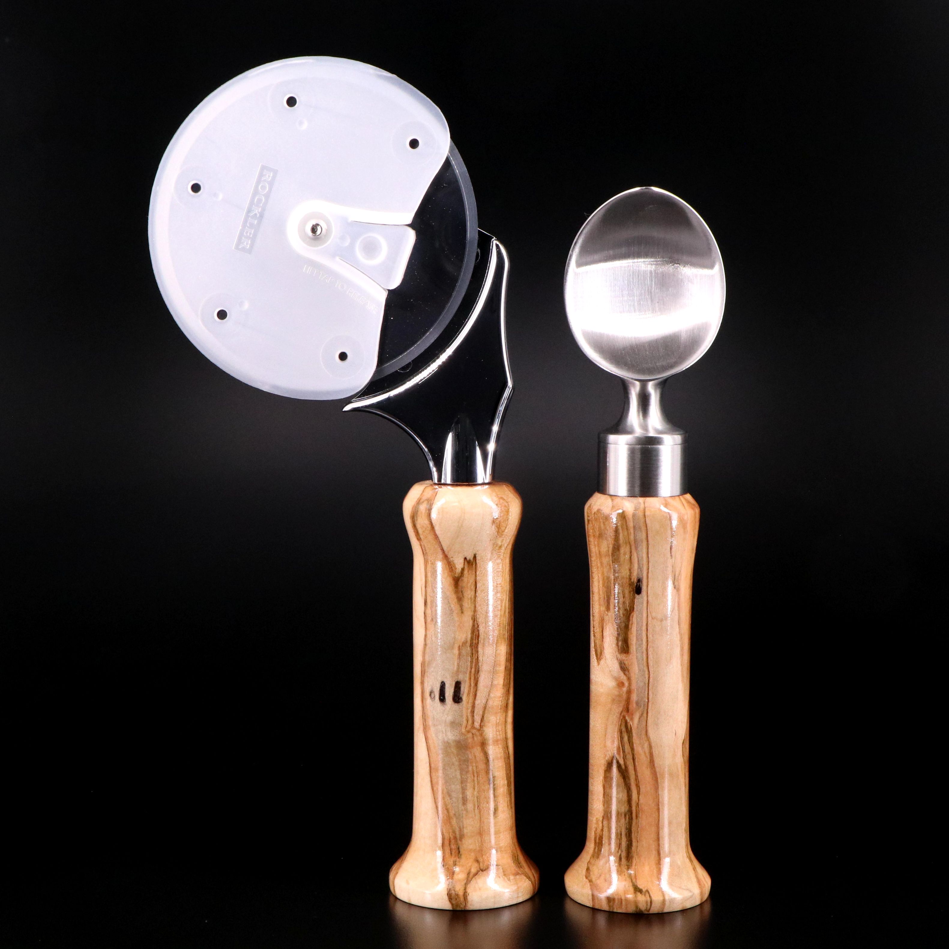 Howard Doty Turned Wood Handled Ice Cream Scoop and Pizza Wheel