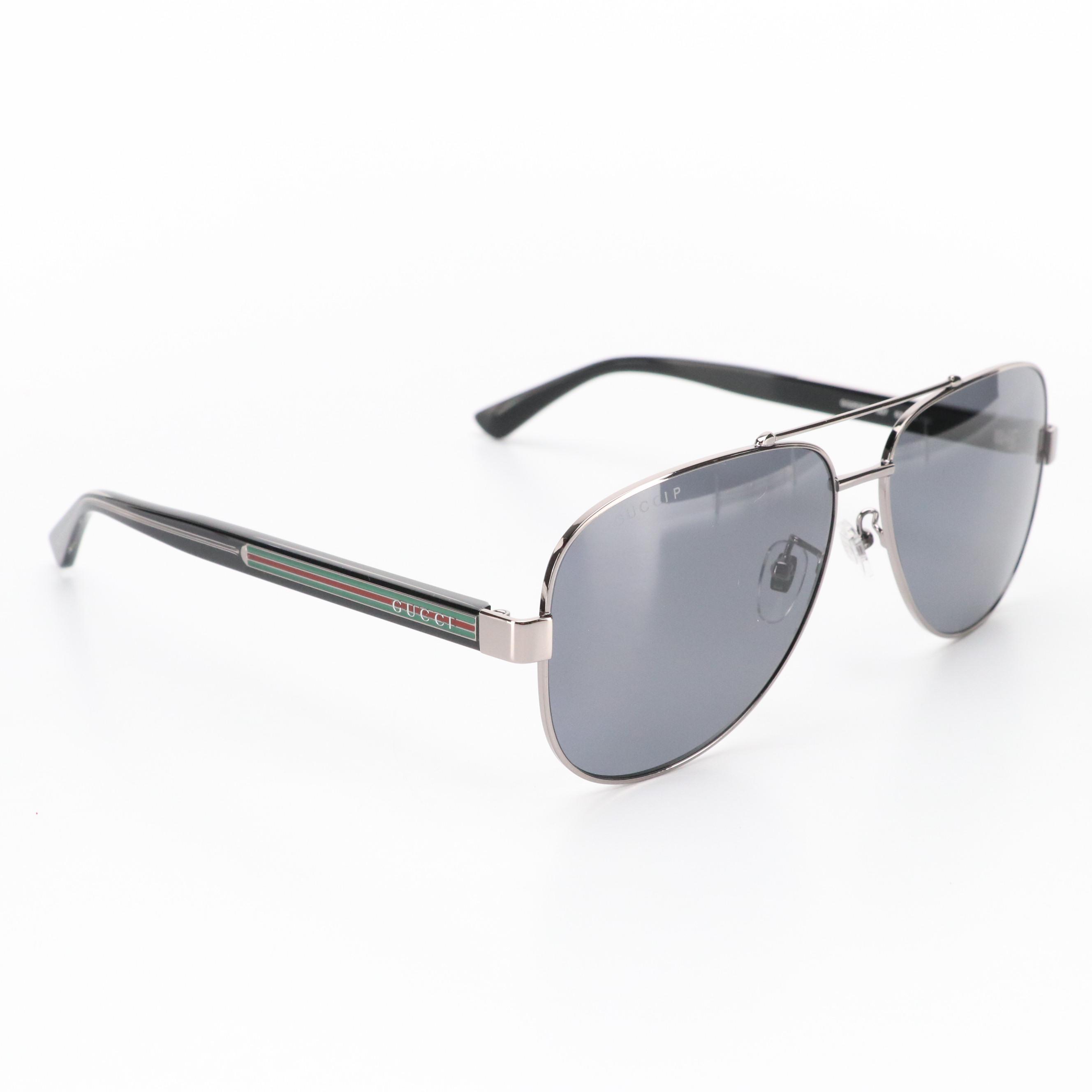 Gucci GG0528S 007 Polarized Aviator Sunglasses With Web Stripe in Case