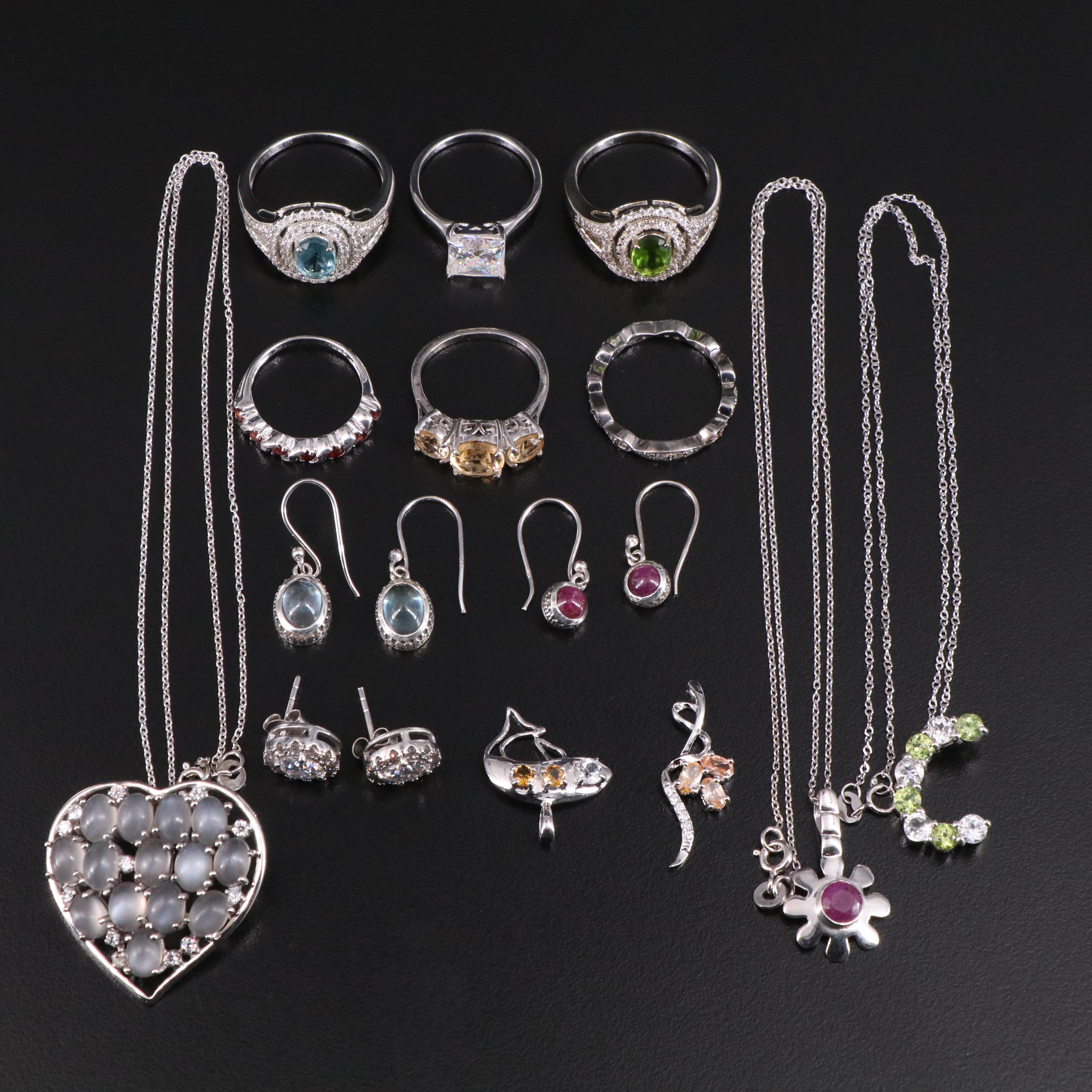 14 Assorted Sterling Silver Rings, Necklaces, Earrings, and Pendants
